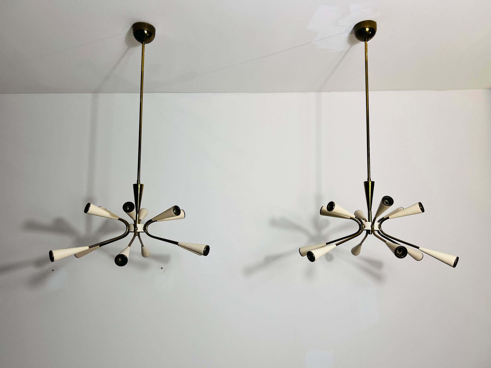 1 Of 2 Mid Century Brass 12 Arm Sputnik Chandelier, 1950s, Italy photo furniture