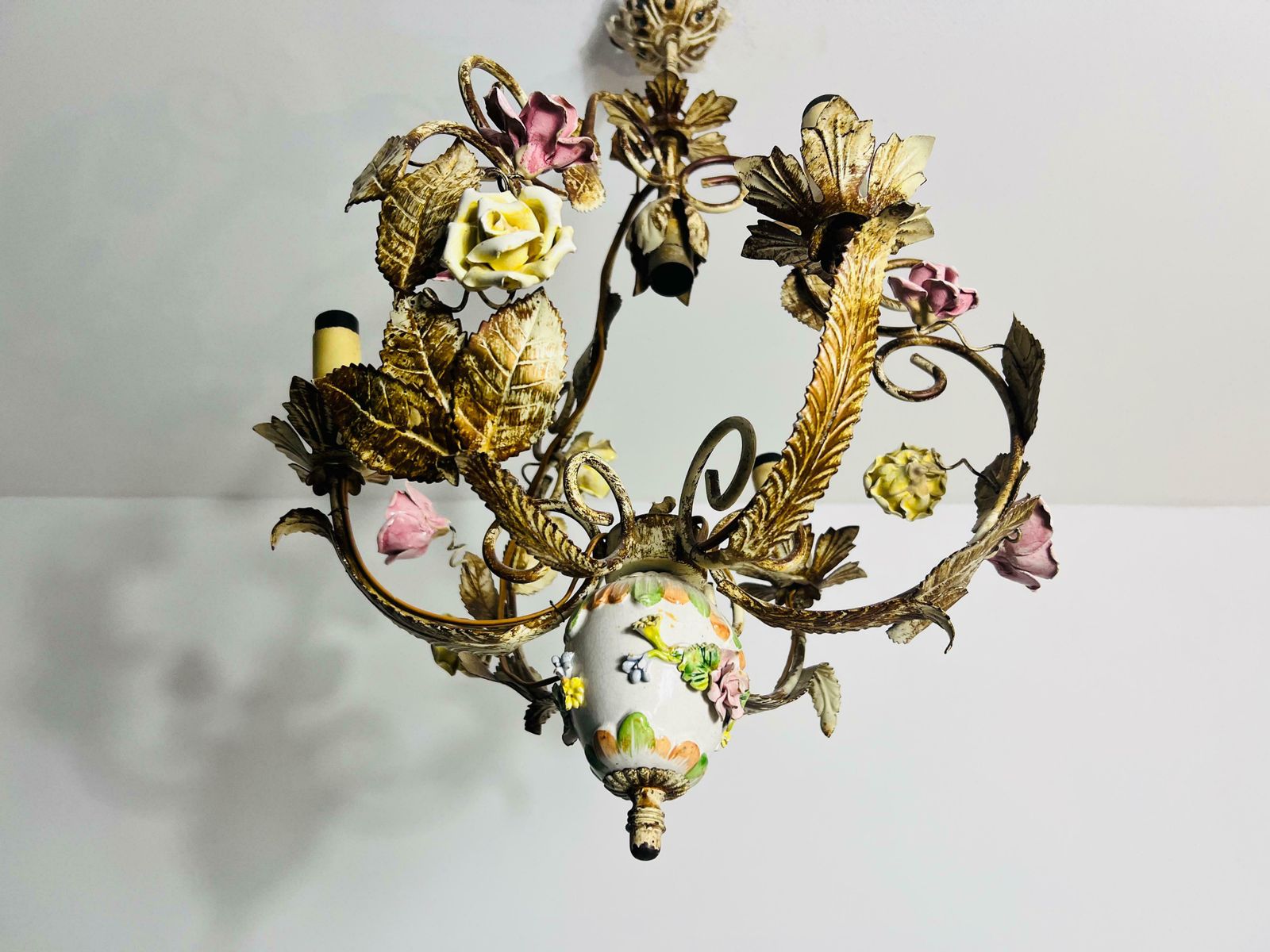 Brass And Ceramic Florentine Flower Shape Chandelier, Germany, 1970s photo buy