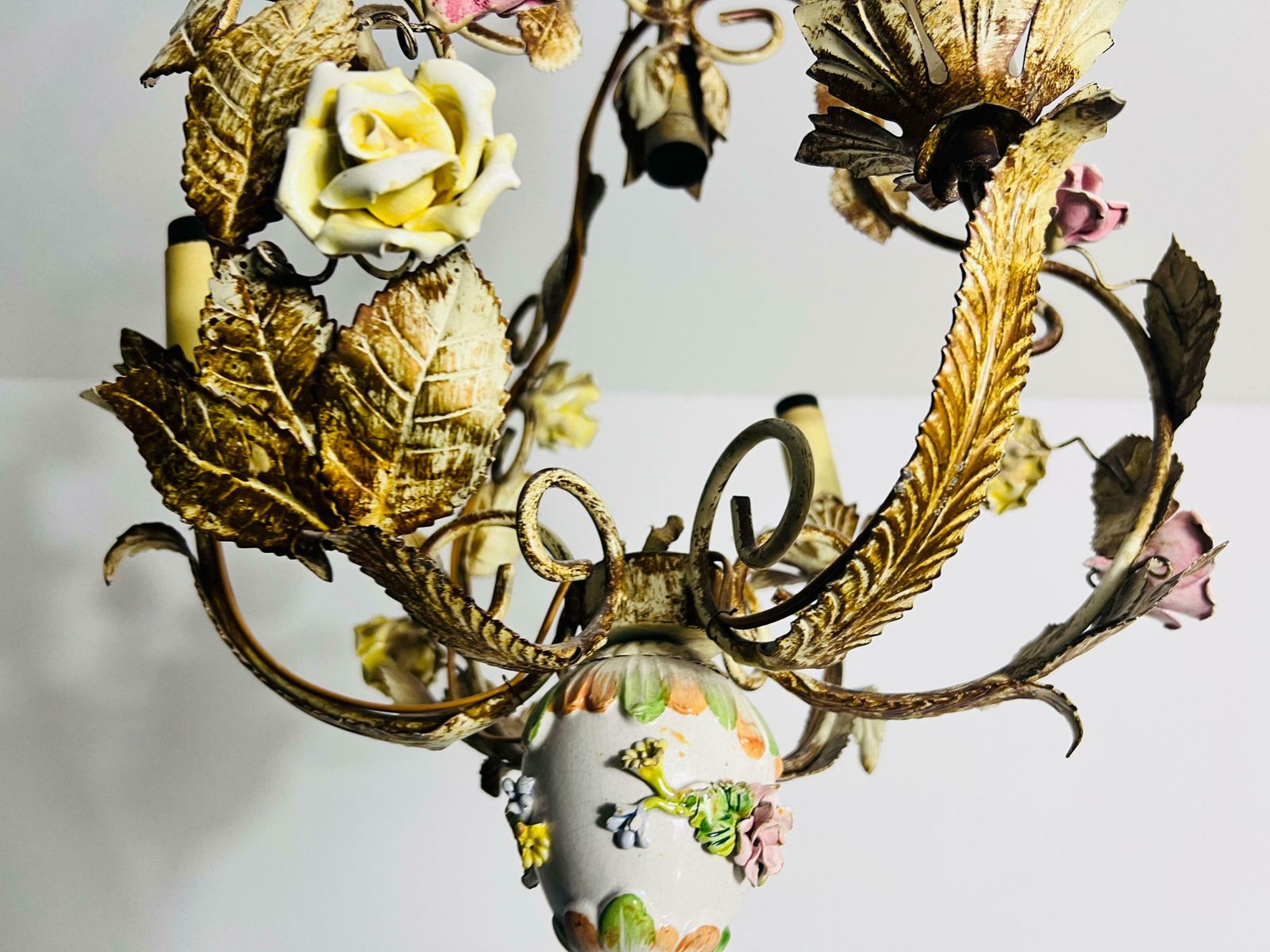 photo for sale Brass And Ceramic Florentine Flower Shape Chandelier, Germany, 1970s