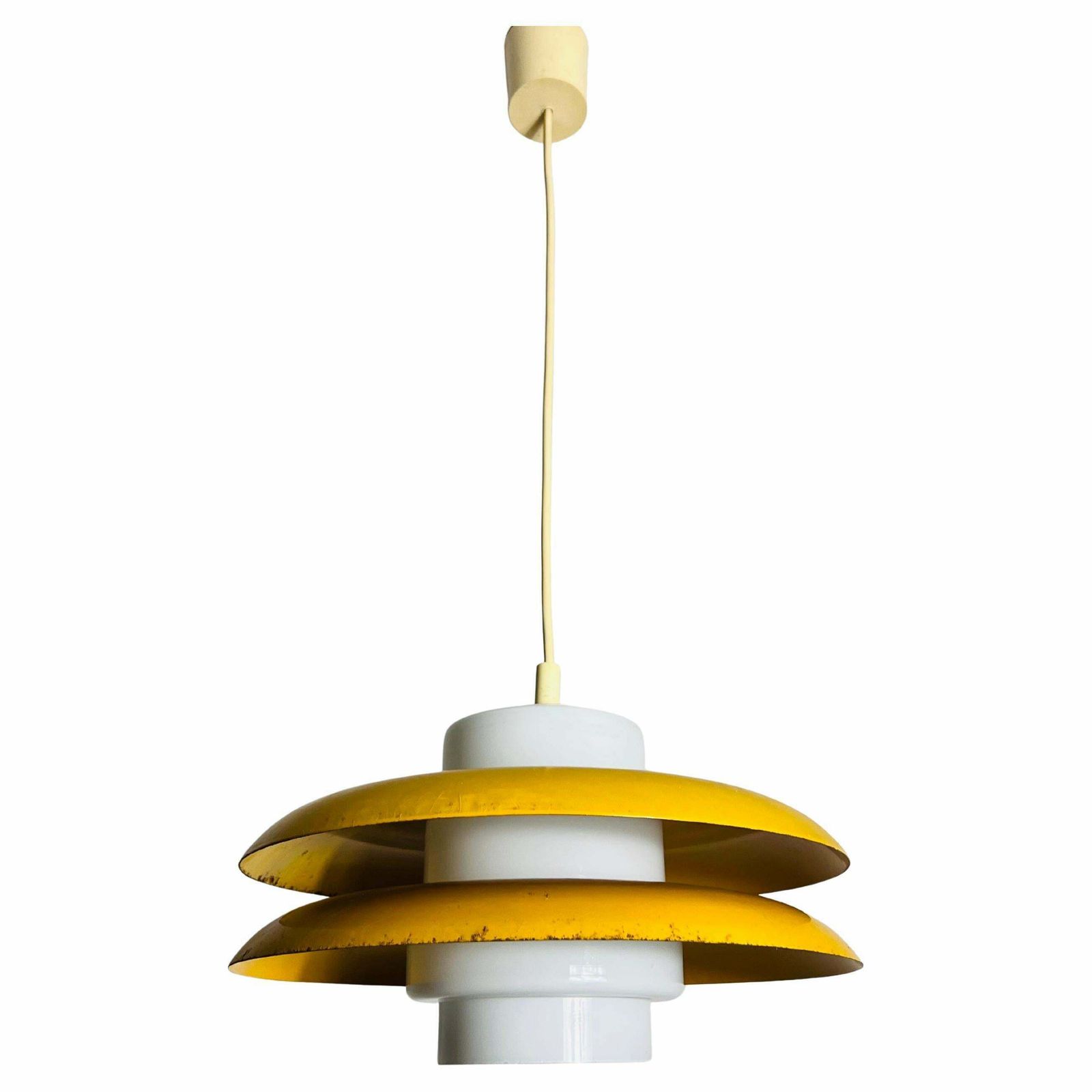 Yellow Metal And Opaline Glas Space Age Pendant Lamp, Germany, 1970s