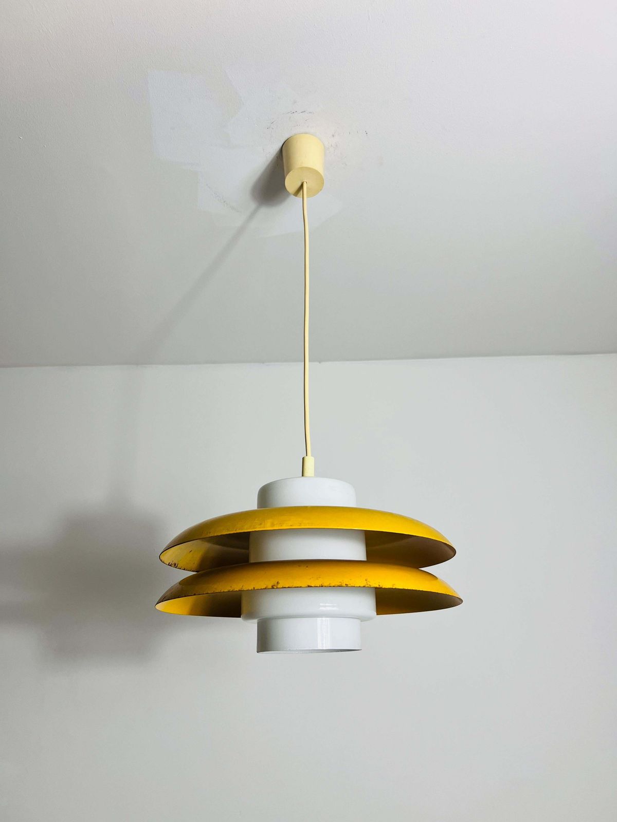 Yellow Metal And Opaline Glas Space Age Pendant Lamp, Germany, 1970s photo furniture