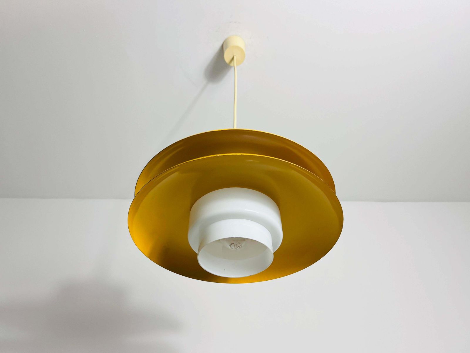 Yellow Metal And Opaline Glas Space Age Pendant Lamp, Germany, 1970s photo buy