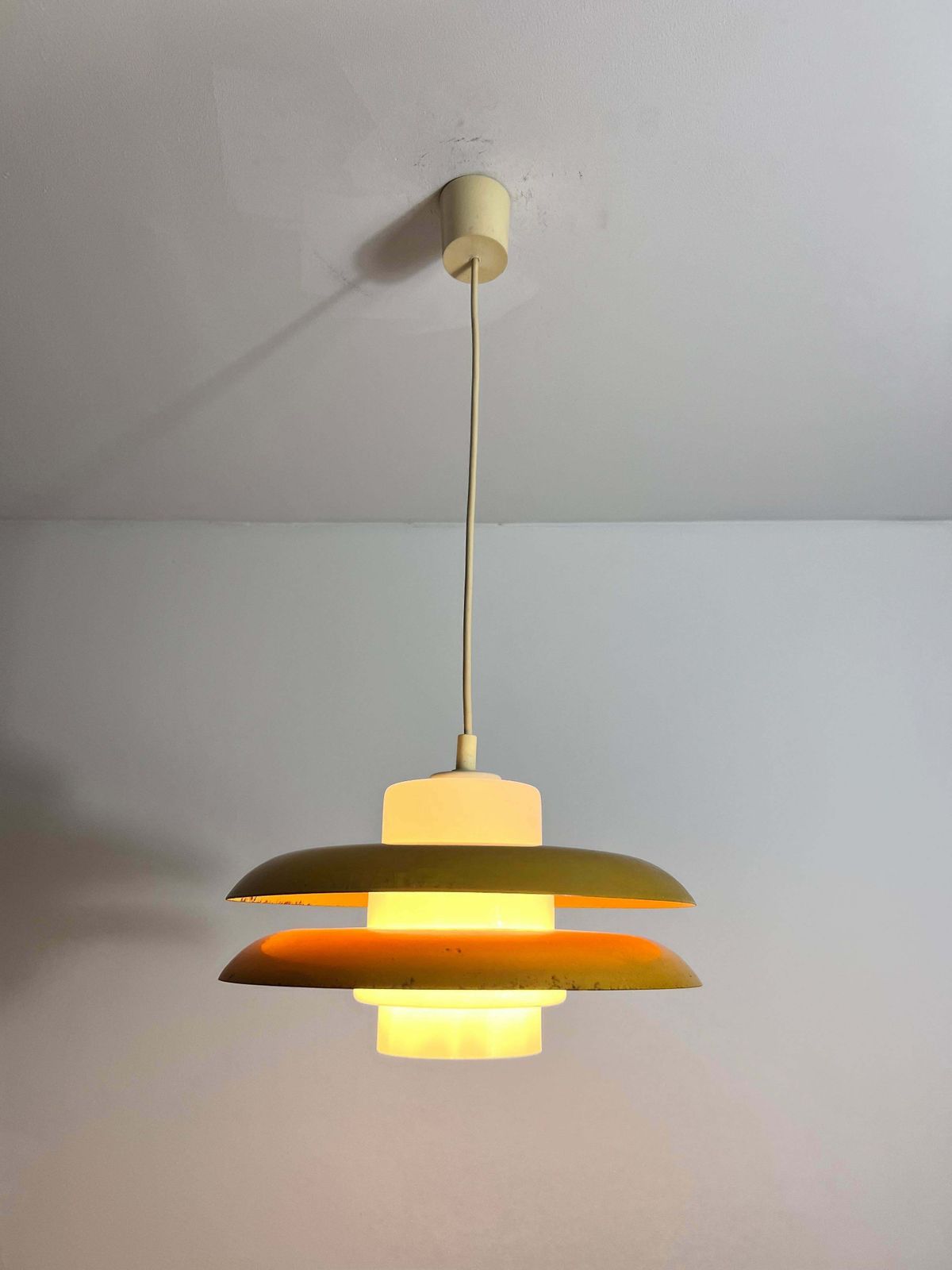 photo furniture Yellow Metal And Opaline Glas Space Age Pendant Lamp, Germany, 1970s