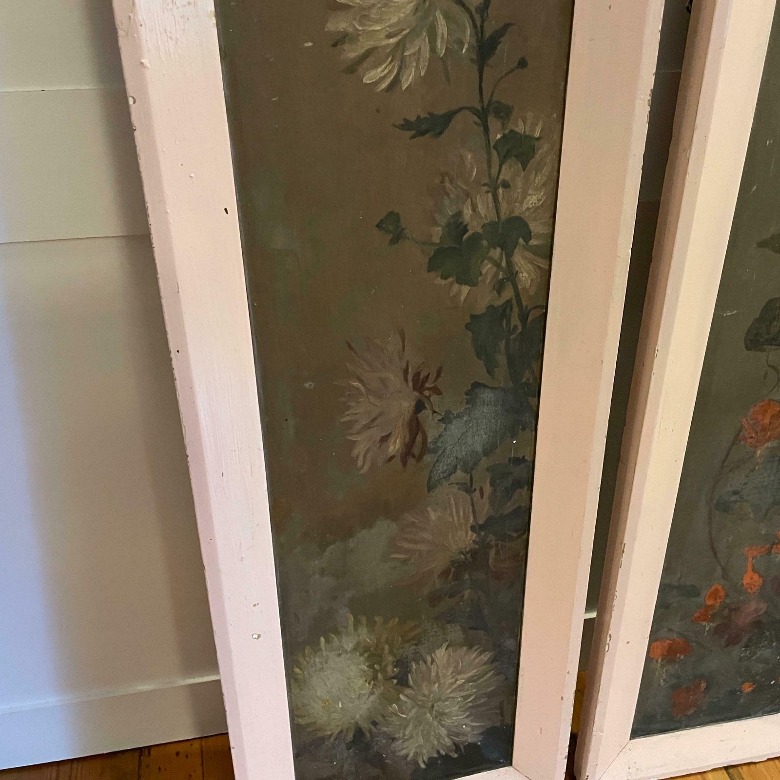 2 Antique Framed Floral Abstract Painting Picture Vintage Flowers Cottage Hand Painted Art Original Drawing Oils Oil Rectangle Wood Frame photo for sale