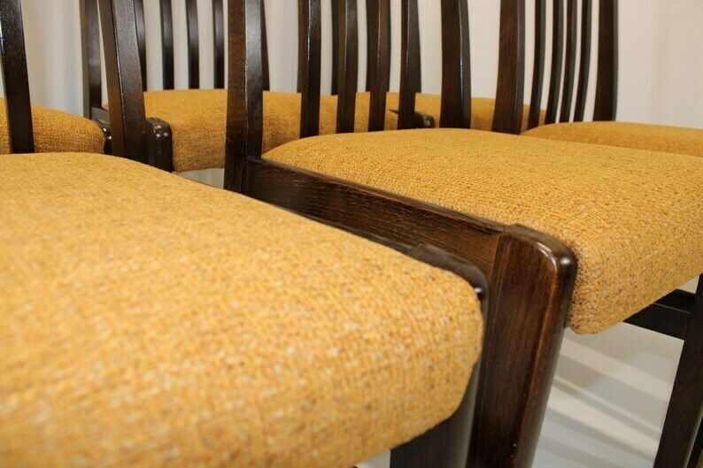 Set Of 6 Wooden Dining Chairs/Mid Century Dine Set 70s/Chairs With Ocher Upholstered Seat/Vintage High Back Dining Chairs photo Furniture