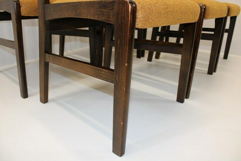 Set Of 6 Wooden Dining Chairs/Mid Century Dine Set 70s/Chairs With Ocher Upholstered Seat/Vintage High Back Dining Chairs photo vinterior