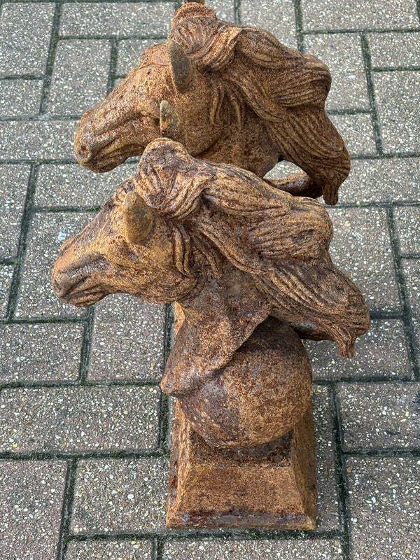 Pair Of Horse Head Statues, Cast Iron, Large In Size. photo Art