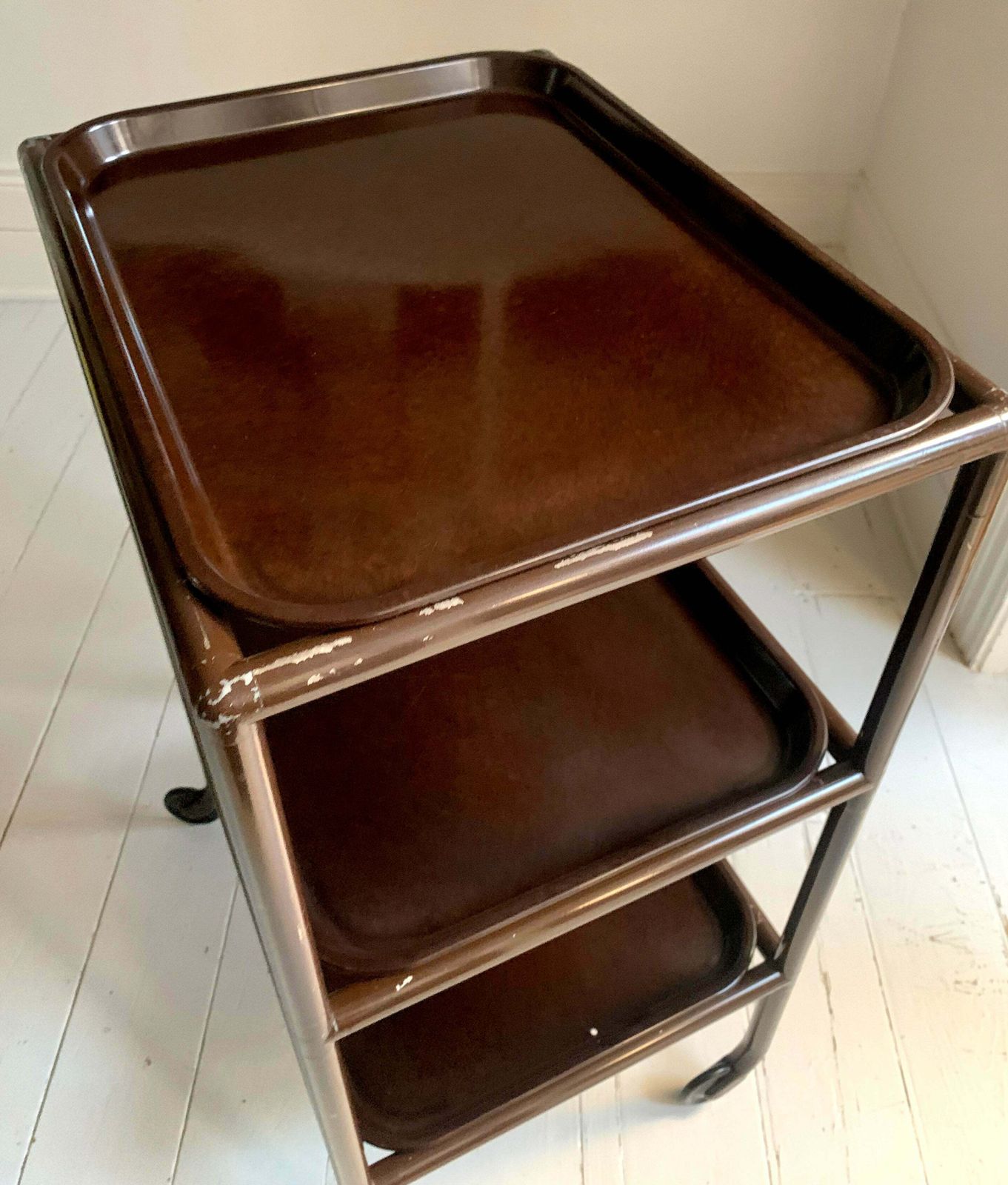 Mid Century Modern Three Tier Trolley W/ Bakelite Removable Trays In Chocolate Brown photo vinterior