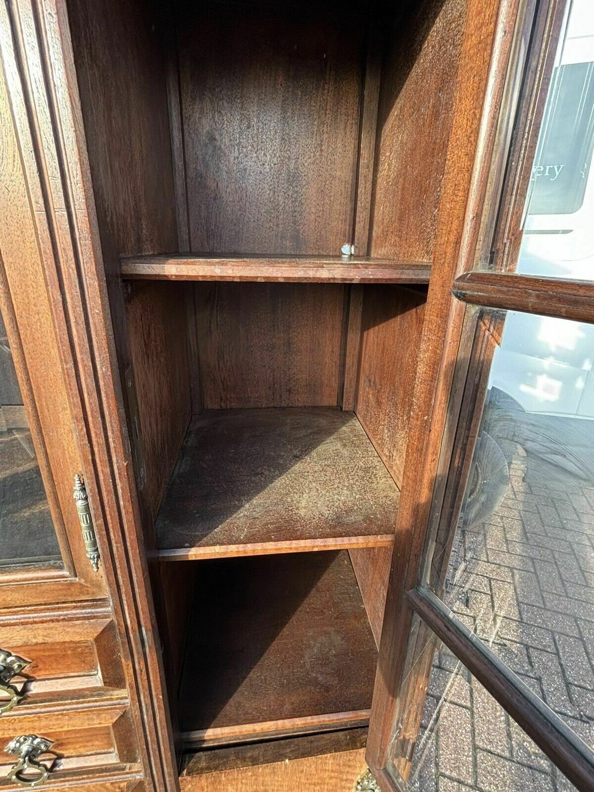 photo furniture Arts & Crafts French Walnut Bookcase / Cupboard With Fitted Shelves & Drawers