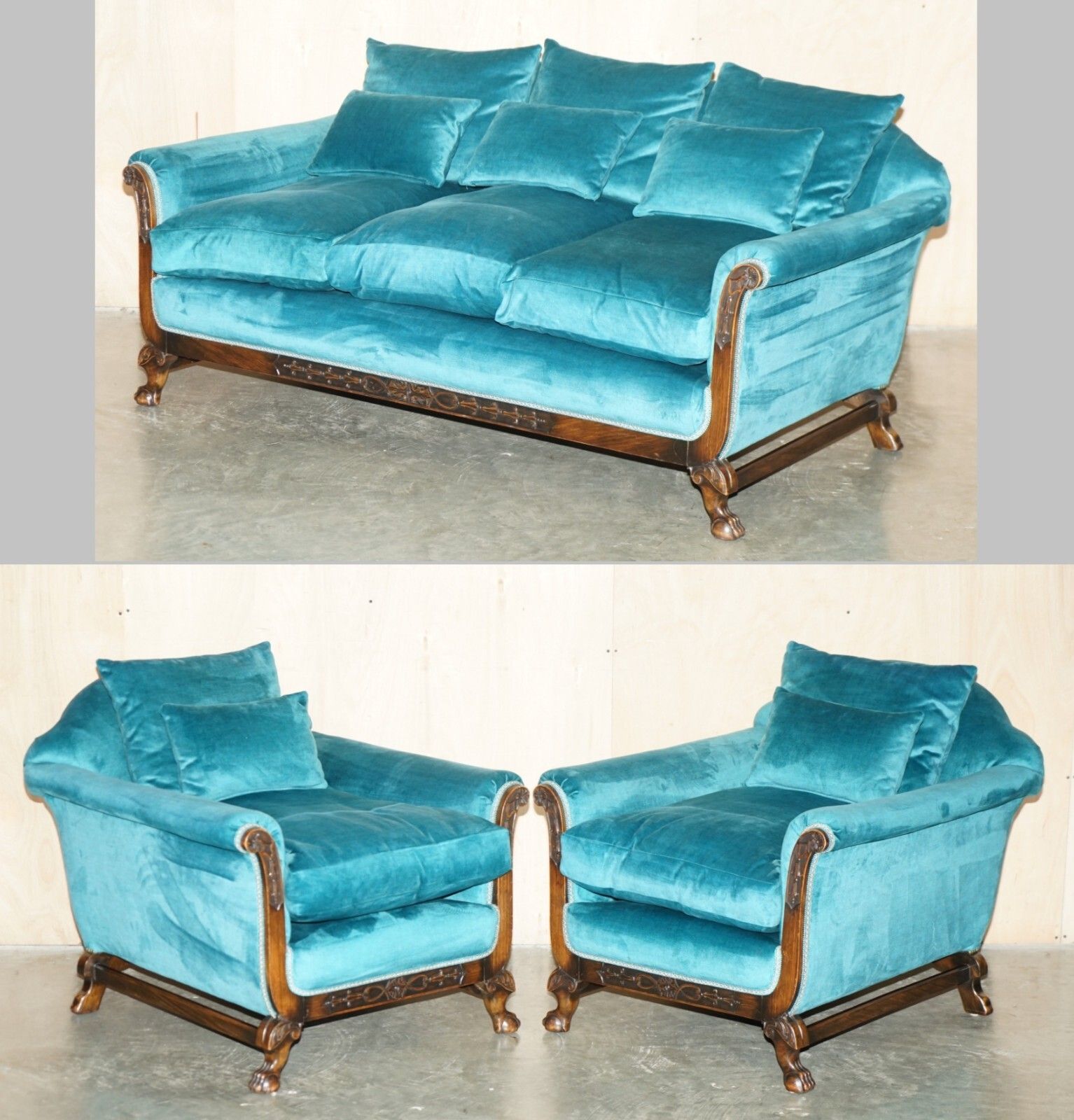 Restored Antique Circa 1900 Blue Velvet Claw & Ball Feet Sofa & Armchair Suite