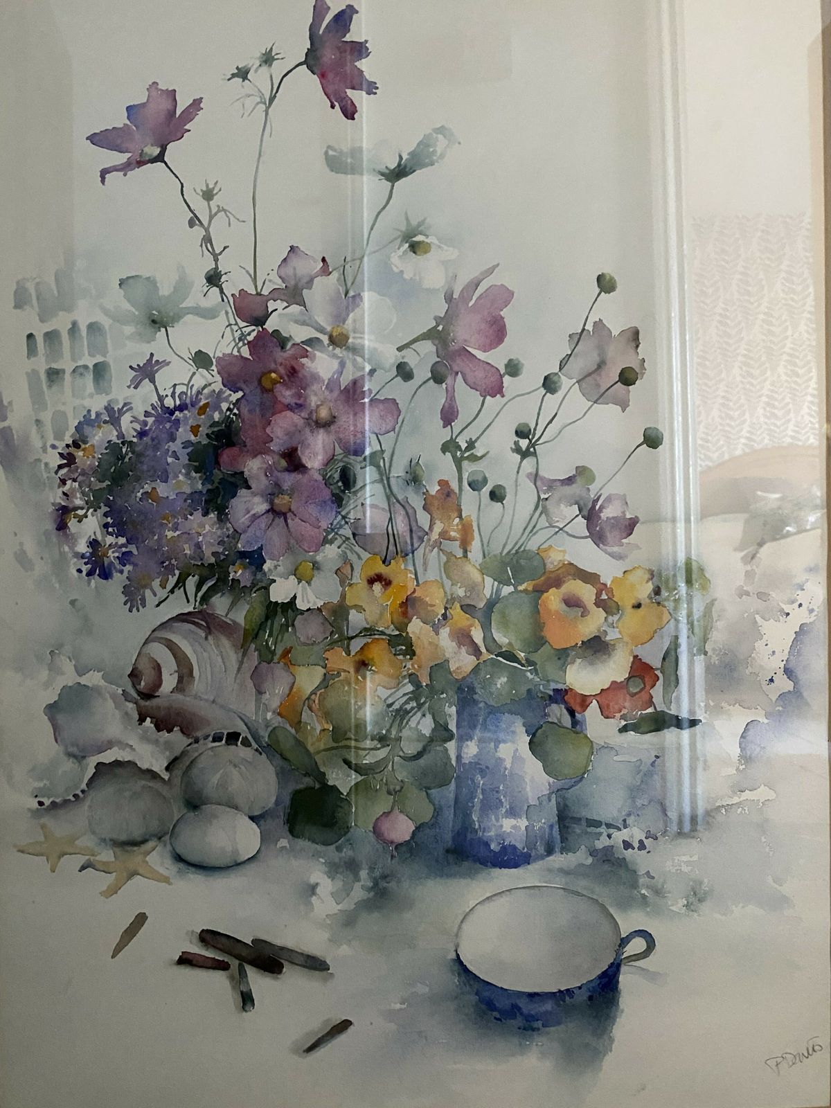 Large Watercolour Painting Of Flowers And Shells