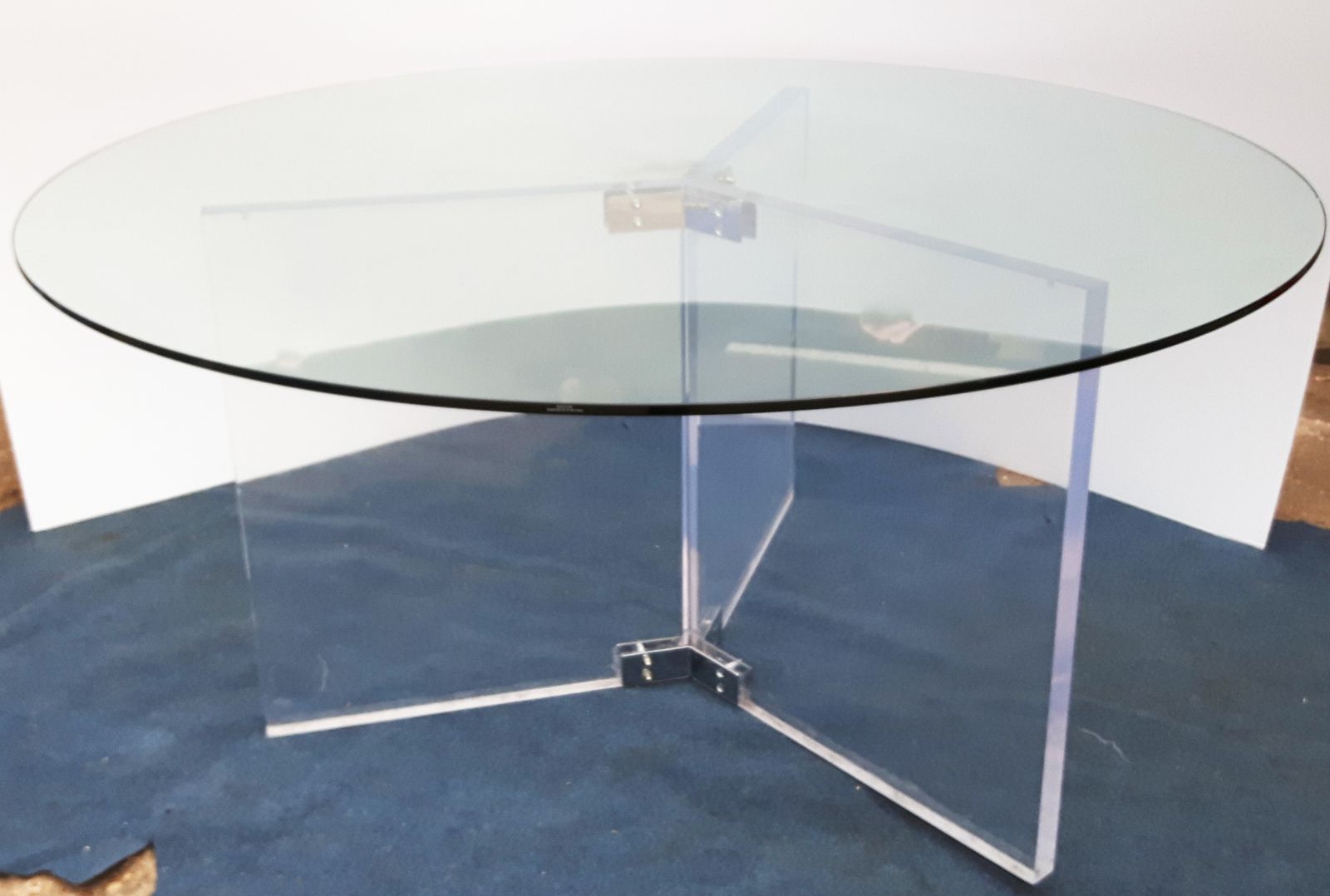 Xl Vintage Lucite, Chrome & Glass Round Dining Table Display Regency Hollywood photo vinterior