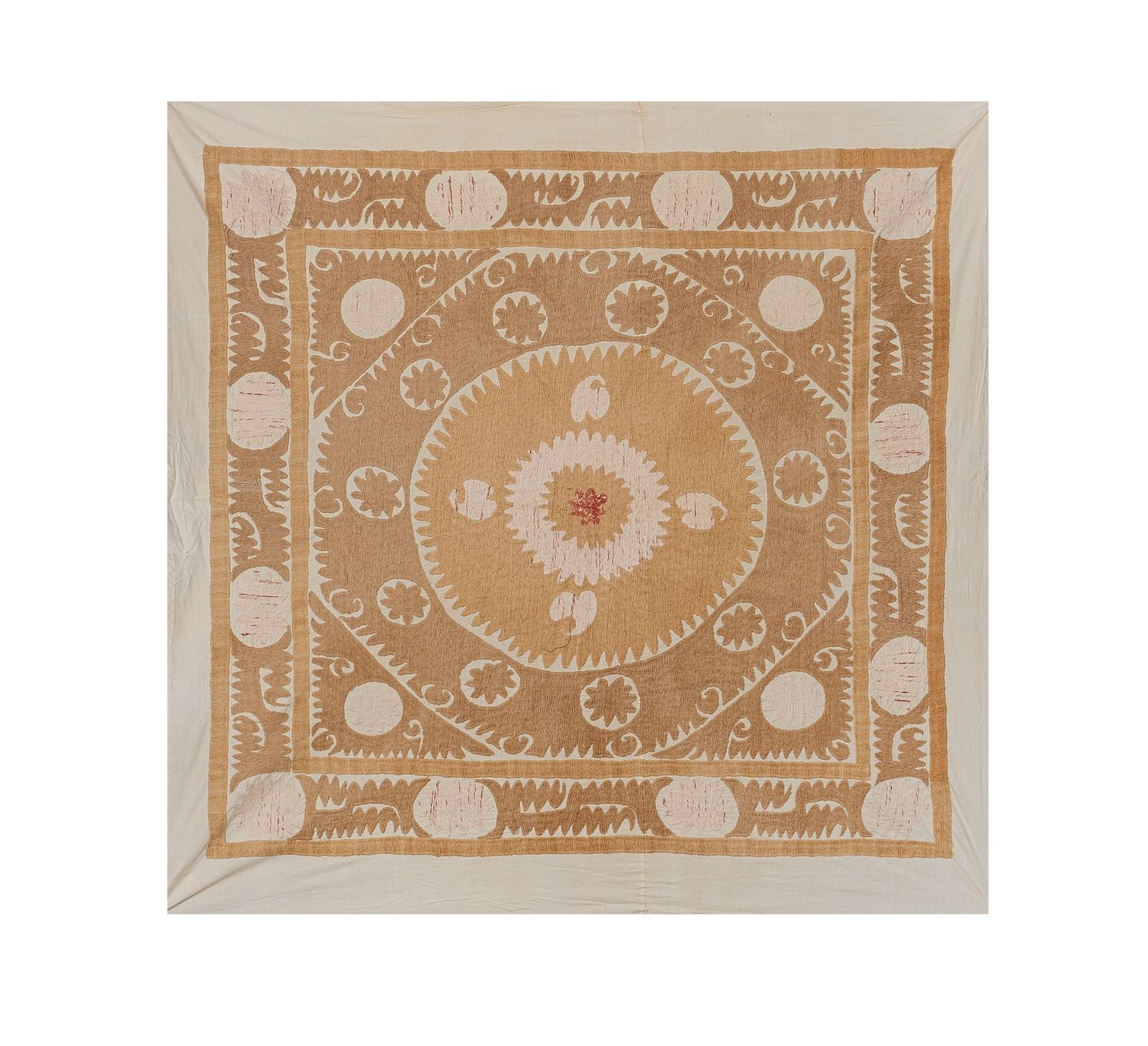 Uzbek Hand Embroidery Brown And Beige Suzani, Boho Wall Hanging Decor, Natural Color Suzani Tablecloth 4'5'' X 4'6''