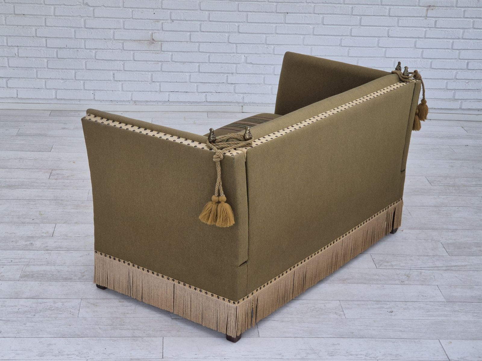 photo buy 1960s, Danish Velour 2 Seater Drop Arm Sofa, Wool, Original Condition.