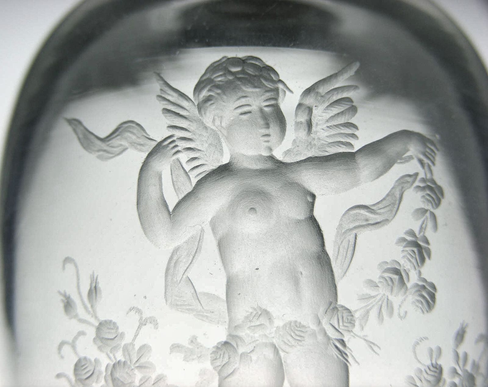 French 19th Century Eugene Michel Miniature Intaglio Carved Glass Vase With Cherub Gardening Scene photo furniture