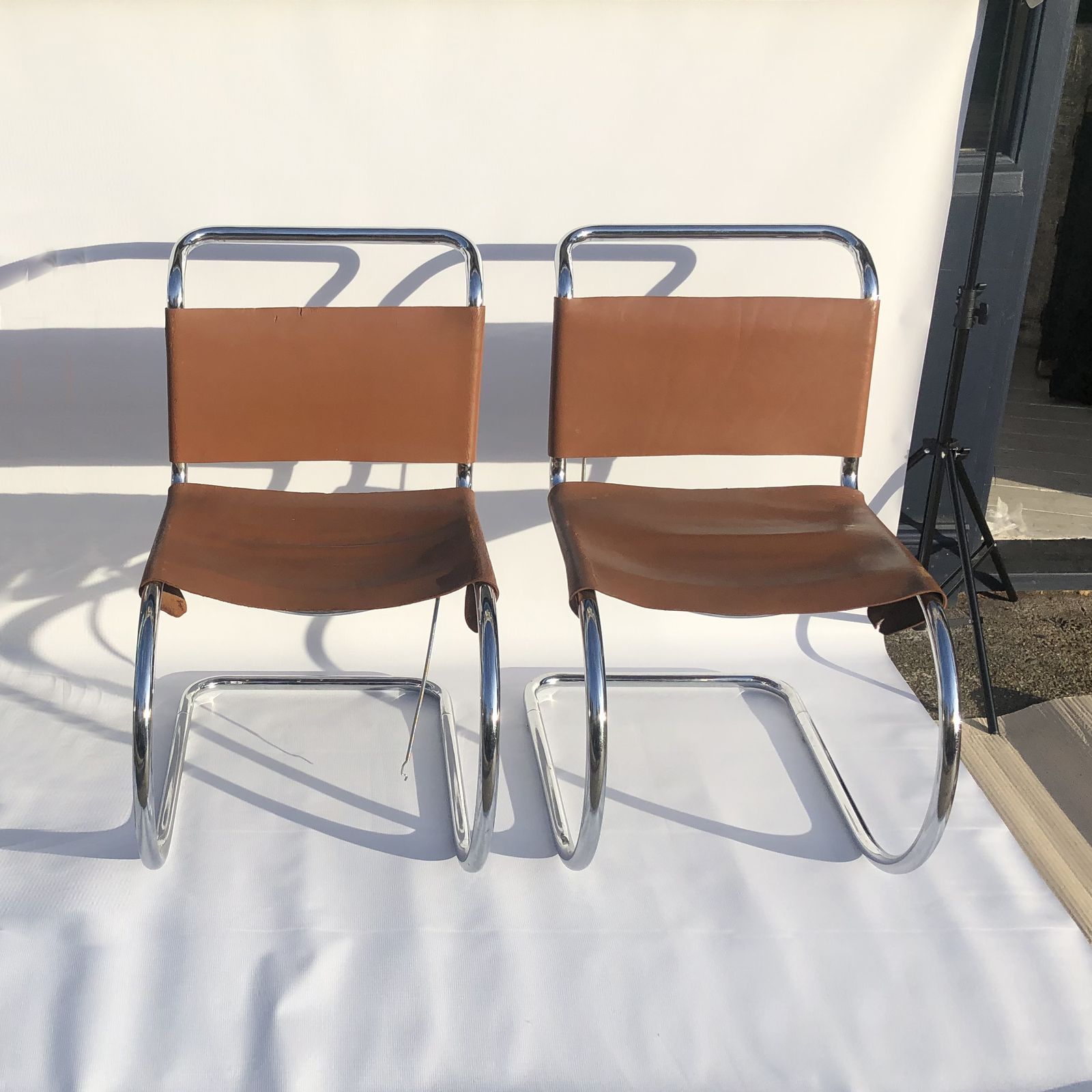 Pair Of Ludwig Mies Van Der Rohe Mr10 Leather Chrome Dining Chairs 1960s Midcentury photo furniture