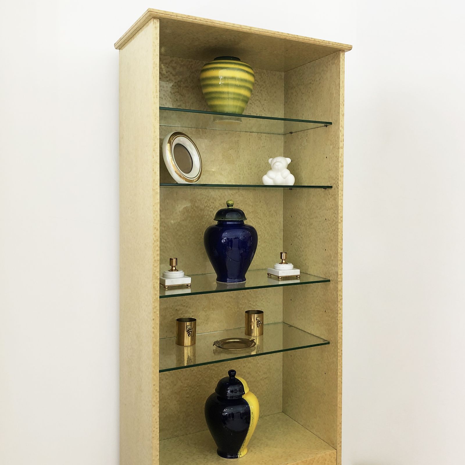 Studio Smania Tall Lacquered Maple Burl Display Cabinet 1970s Glass Brass Memphis Milano Style 1980s Vintage photo vinterior