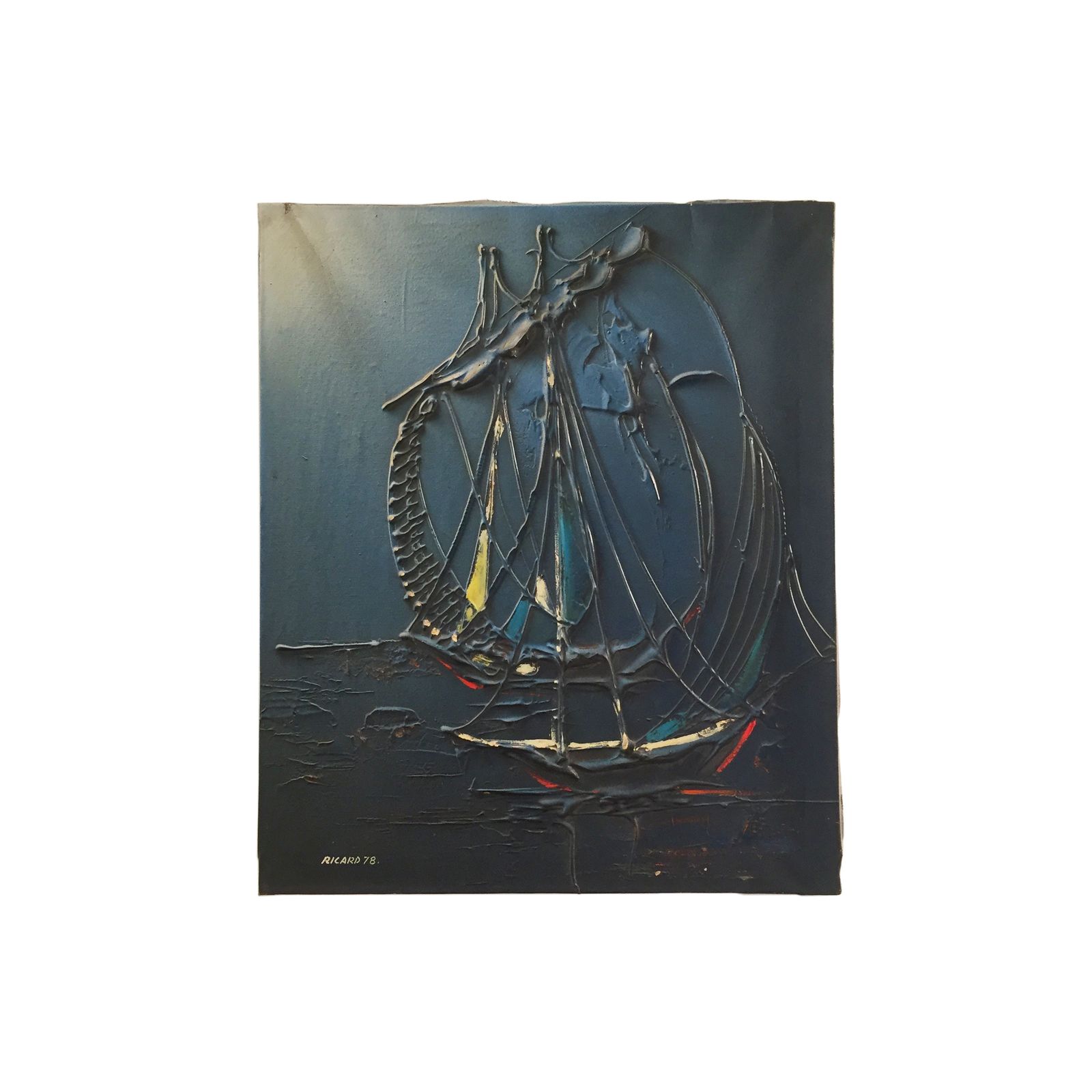 Vintage "Ricard '78" Nautical Painting Acrylic Spain 1970s Ship Maritime Art