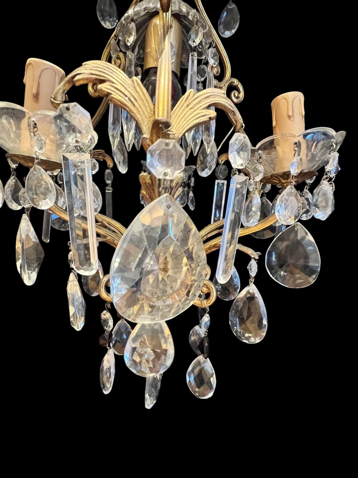 A Pair Of Gilt Florentine Four Light Antique Crystal Chandeliers photo vintage