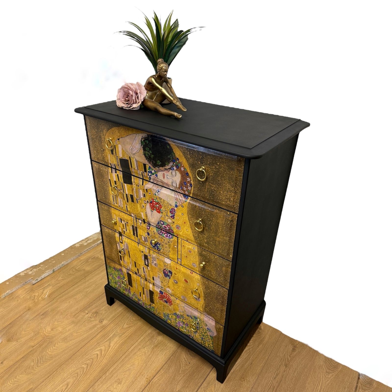 Made To Order Stunning Refinished Stag Minstrel Tallboy Chest Of Drawers, Black With Gustav Klimt The Kiss Design, Vintage Sideboard, Dresser, Bedroom photo vinterior