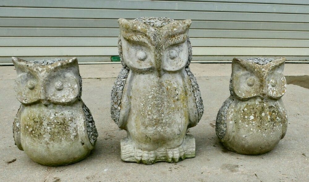 A Family Of 3 Weathered Granite Owls photo furniture