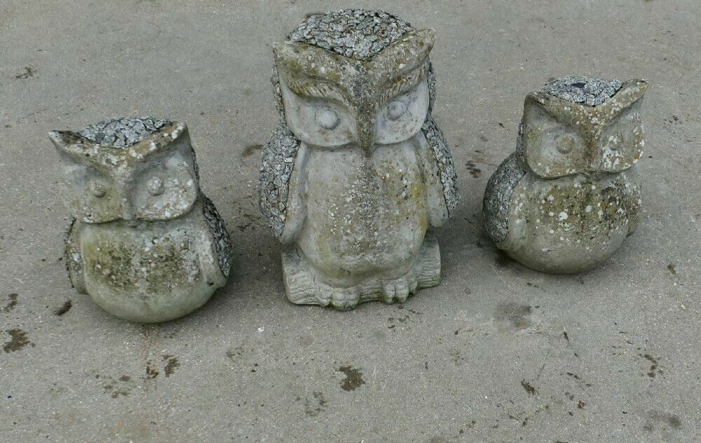 A Family Of 3 Weathered Granite Owls photo for sale