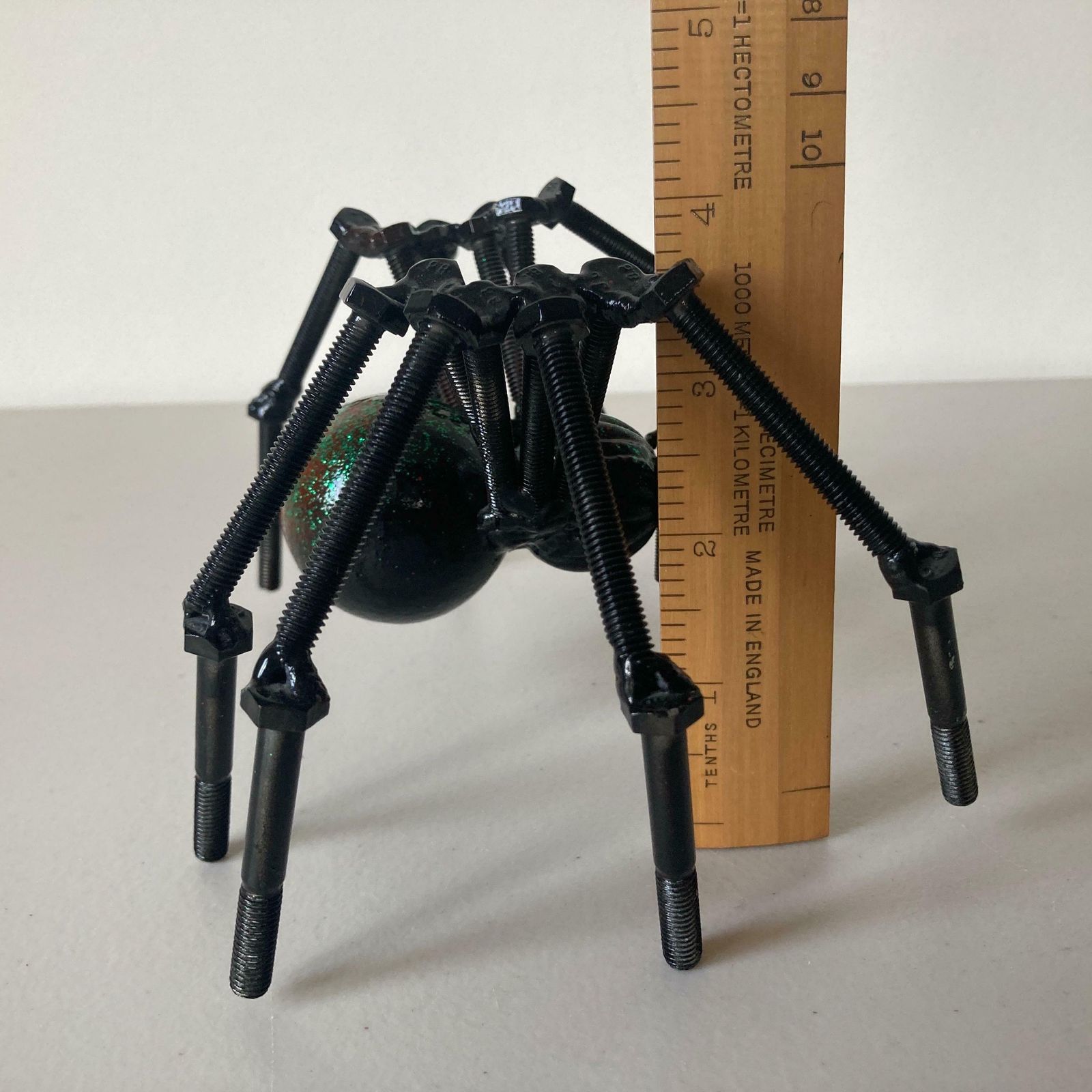 Green And Black Nuts And Bolts Welded Metal Spider Figurine   Unusual Steampunk Style Ornament photo vinterior