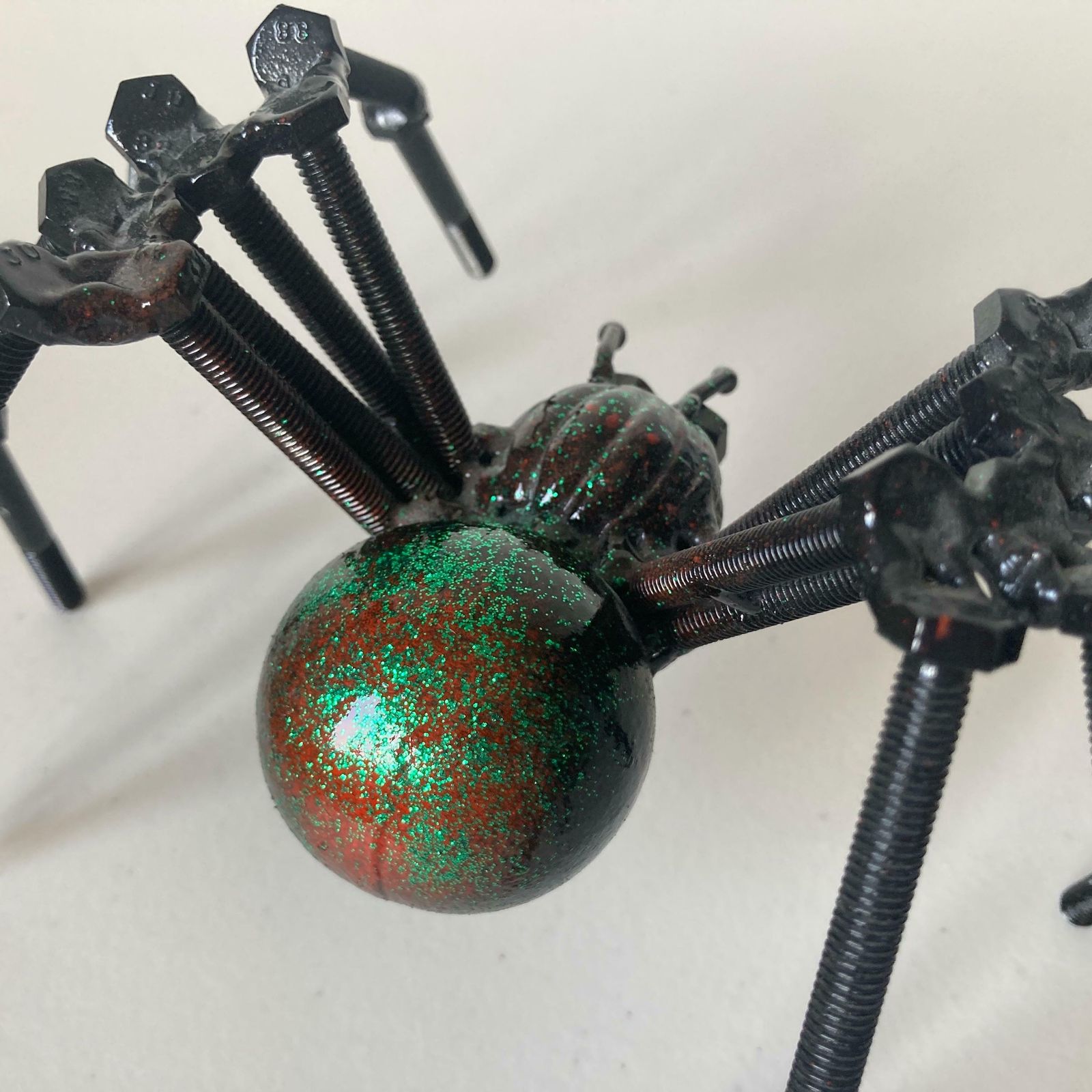 Green And Black Nuts And Bolts Welded Metal Spider Figurine   Unusual Steampunk Style Ornament photo vintage