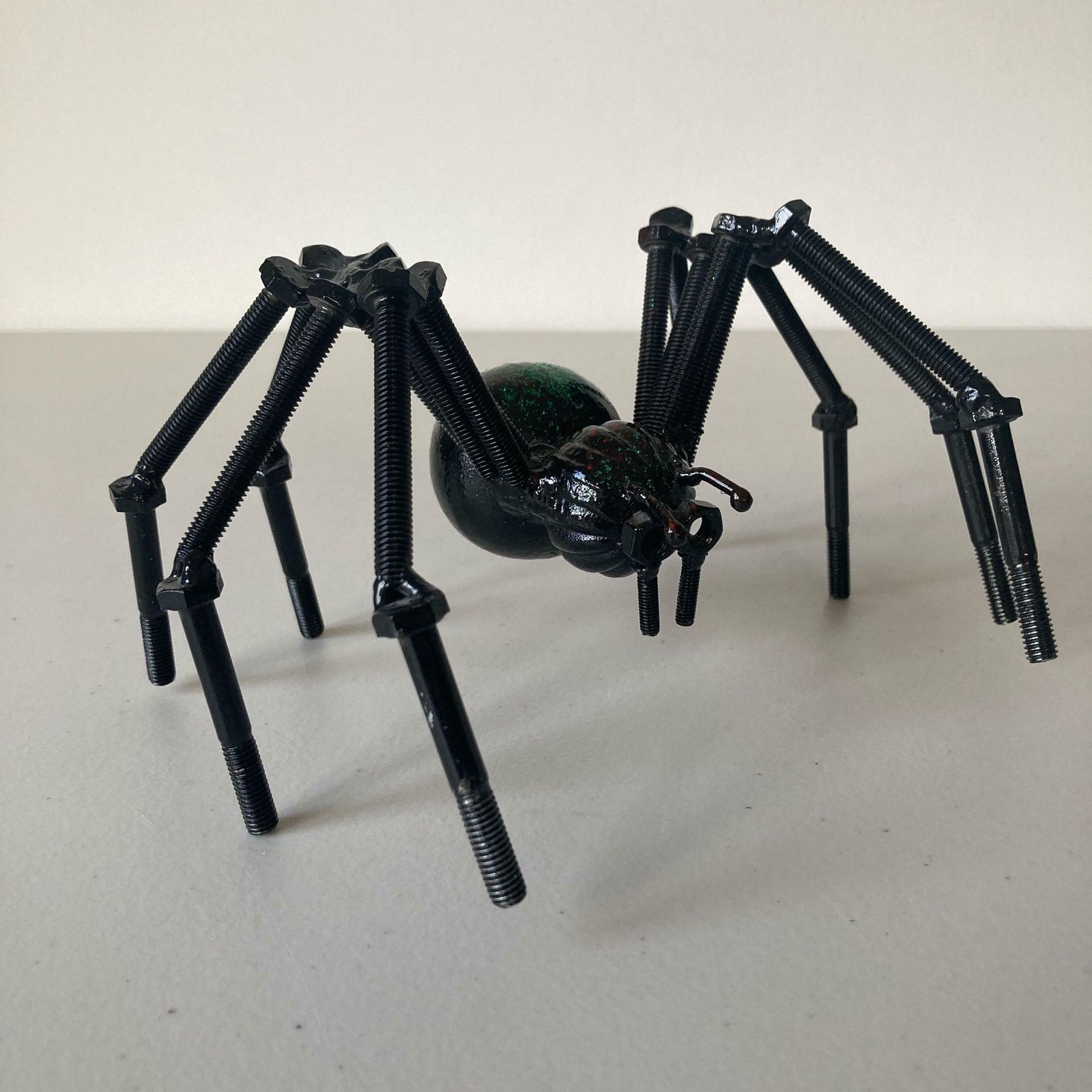 photo for sale Green And Black Nuts And Bolts Welded Metal Spider Figurine   Unusual Steampunk Style Ornament