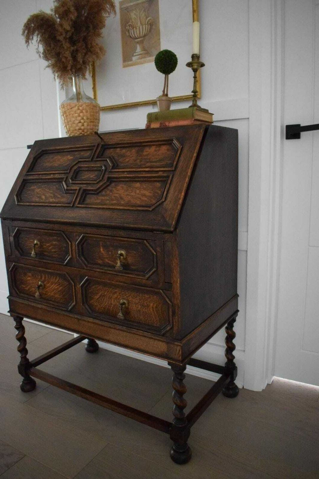 Beautiful 1930s Jacobean Style Vintage Oak Bureau photo Furniture