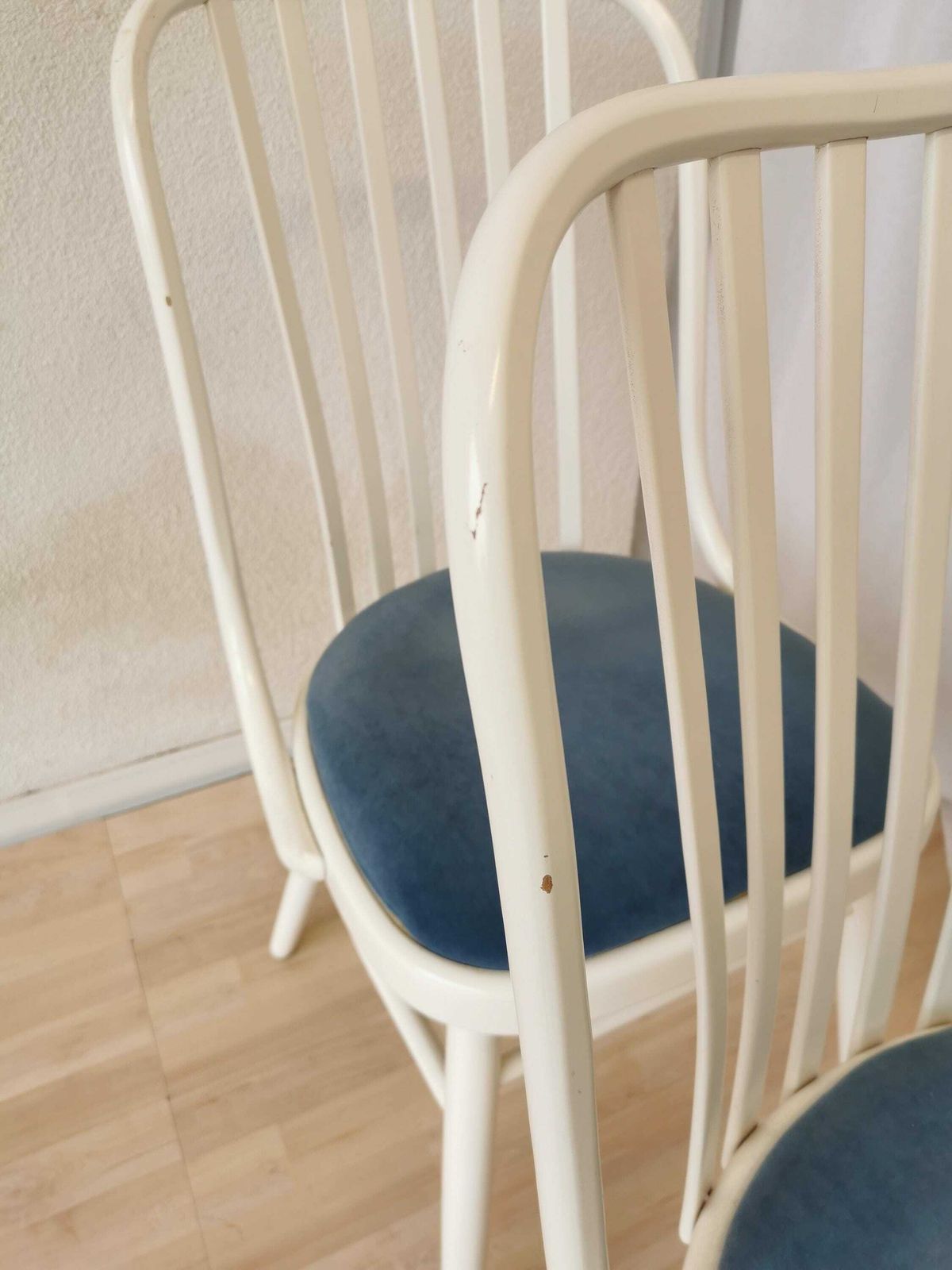 photo for sale Set Of 4 Vintage Bentwood Dining Chairs / 1980s Yugoslavia / Made In Ligna Style White Wooden Mid Century Dine Chairs With Blue Fabric Seat