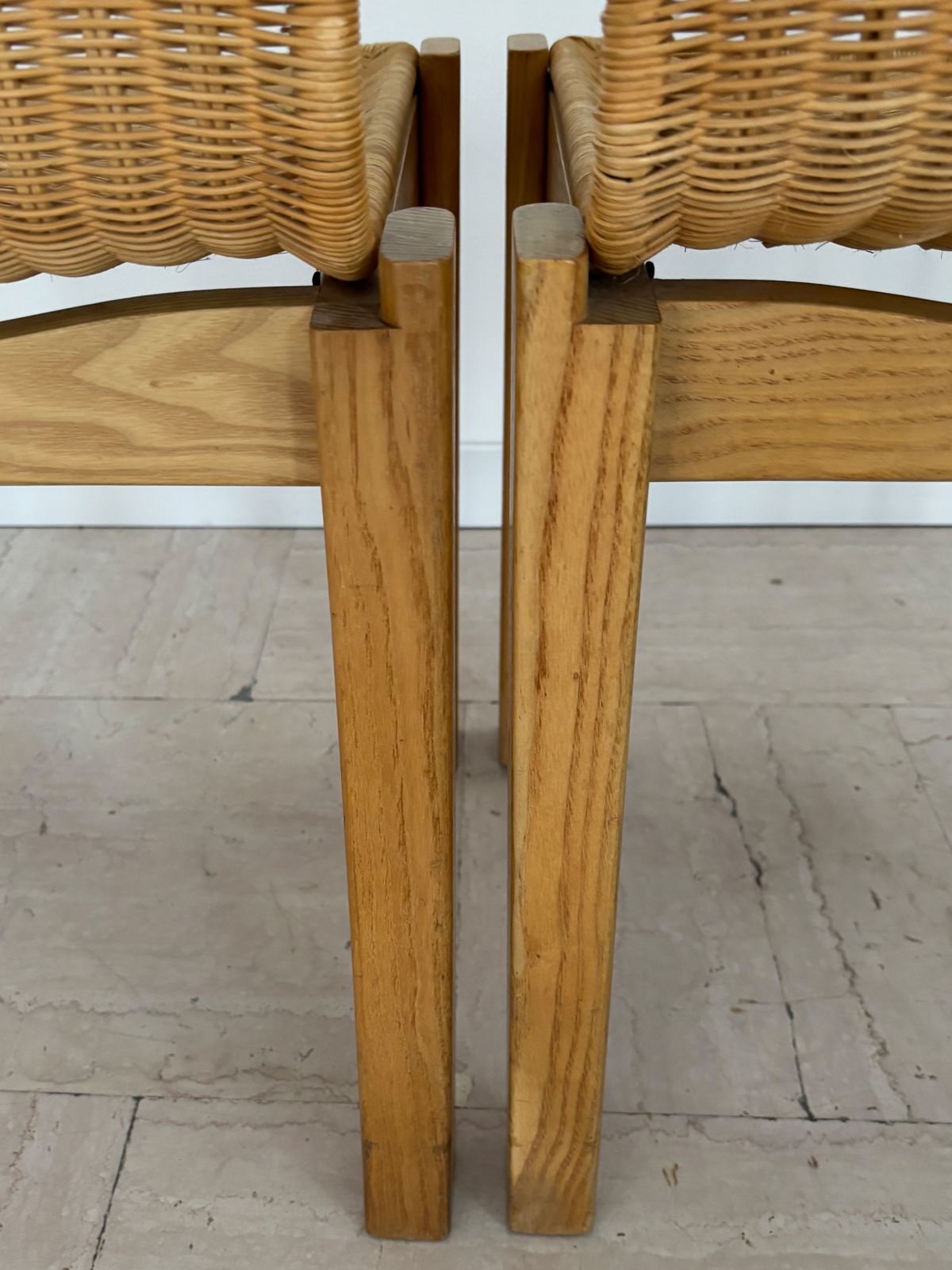 Furniture Luciano Bertoncini For Bellato Italian Wood And Wicker Dining Chairs 1970s photo