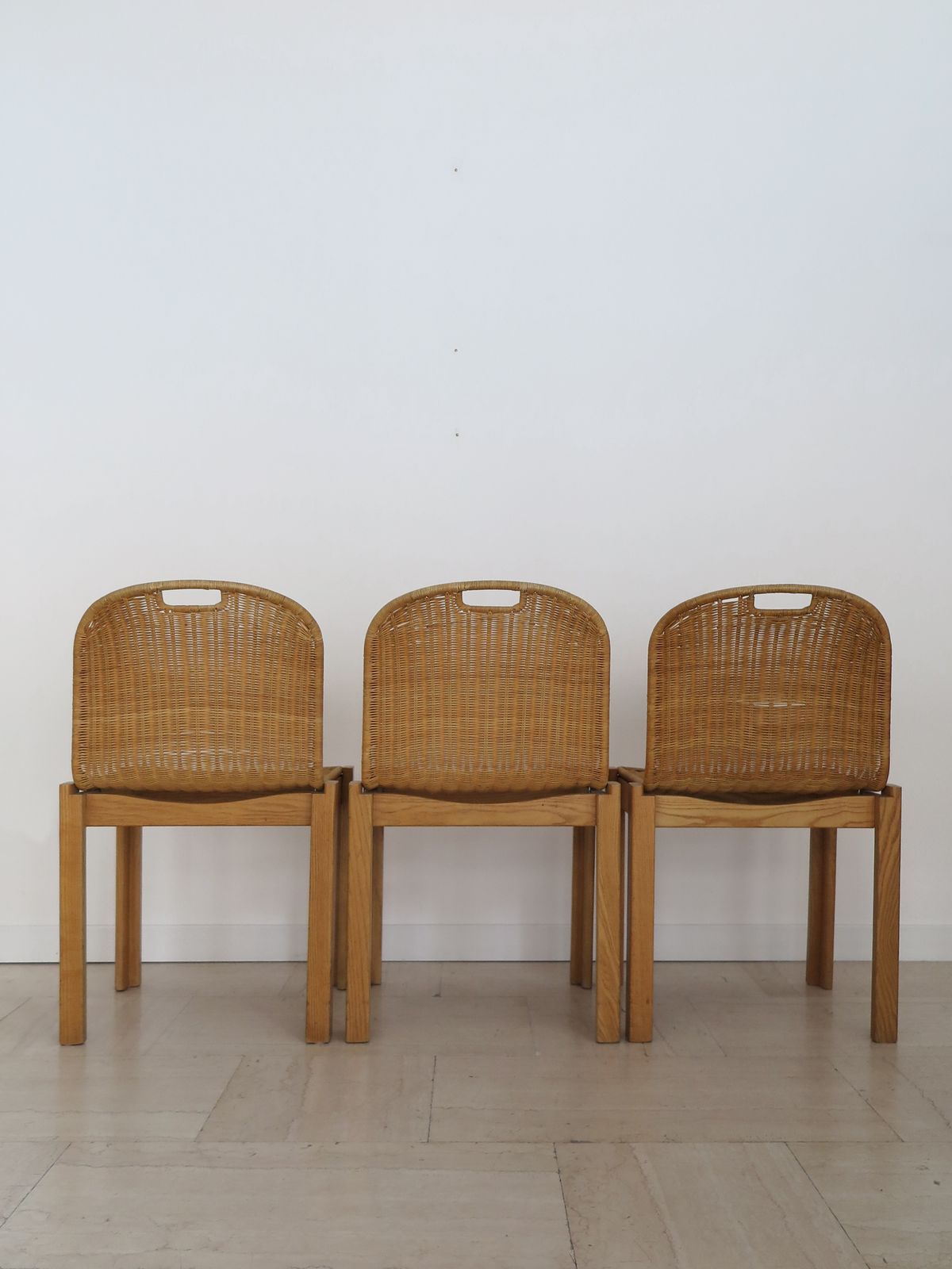 Luciano Bertoncini For Bellato Italian Wood And Wicker Dining Chairs 1970s photo vinterior