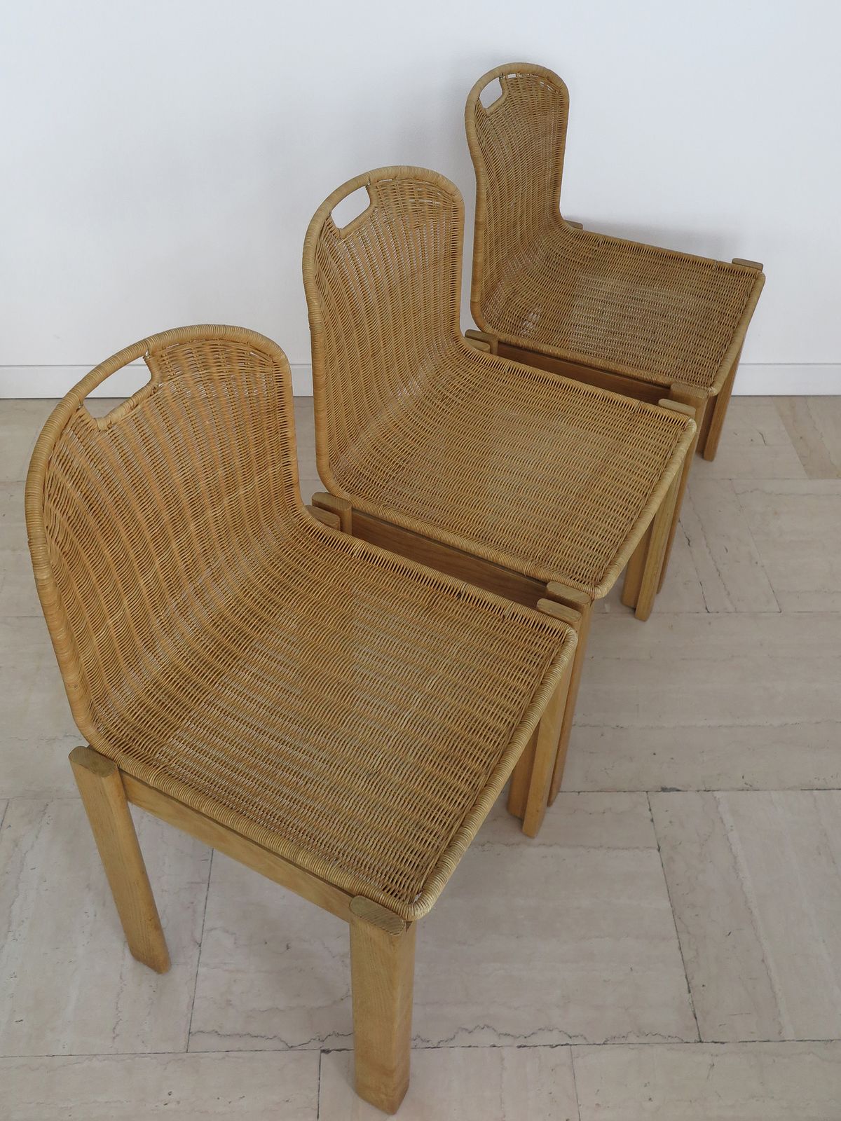 Luciano Bertoncini For Bellato Italian Wood And Wicker Dining Chairs 1970s photo buy