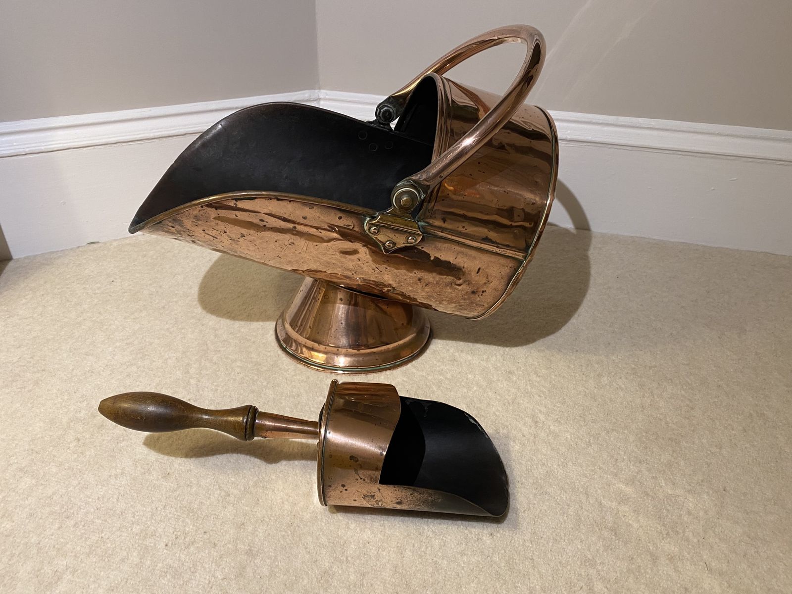 Antique Copper Coal Scuttle With Shovel photo Home Fixtures