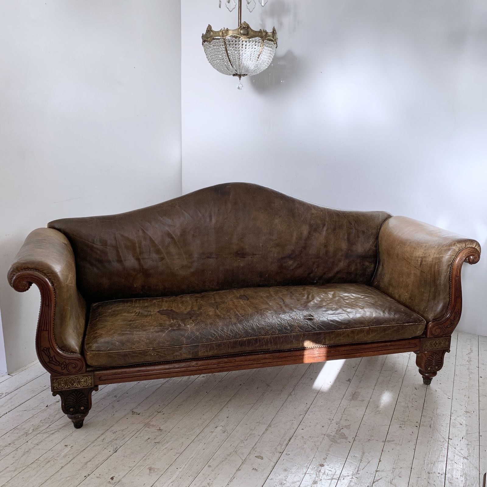 Early 19th Century Regency Brass Inlaid Rosewood Leather Couch