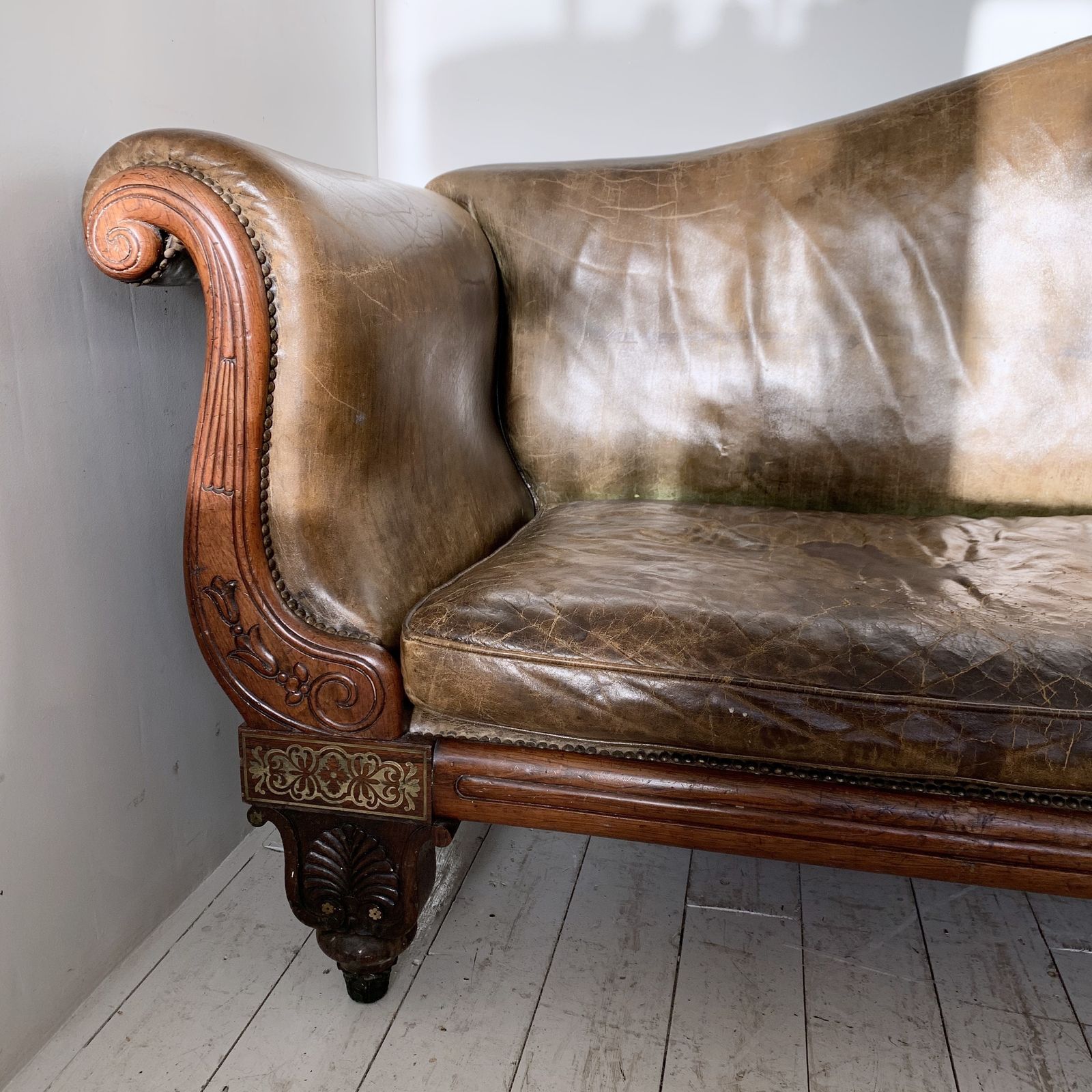 Early 19th Century Regency Brass Inlaid Rosewood Leather Couch photo 3995.0