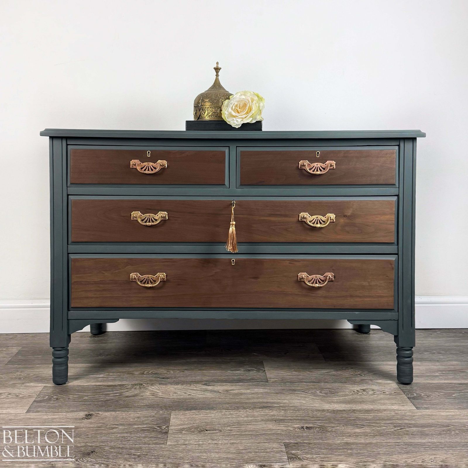 Four Drawer Mahogany & Walnut Chest Of Drawers In Green