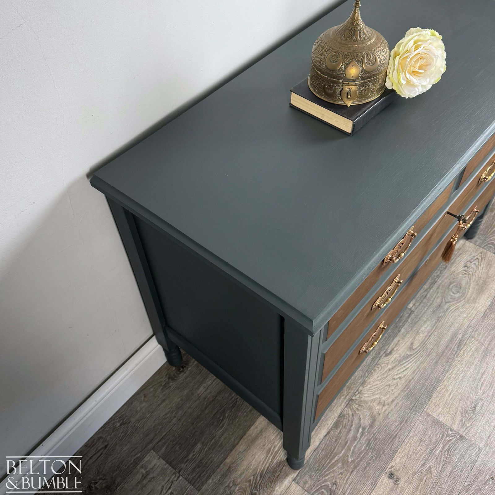 Four Drawer Mahogany & Walnut Chest Of Drawers In Green photo for sale
