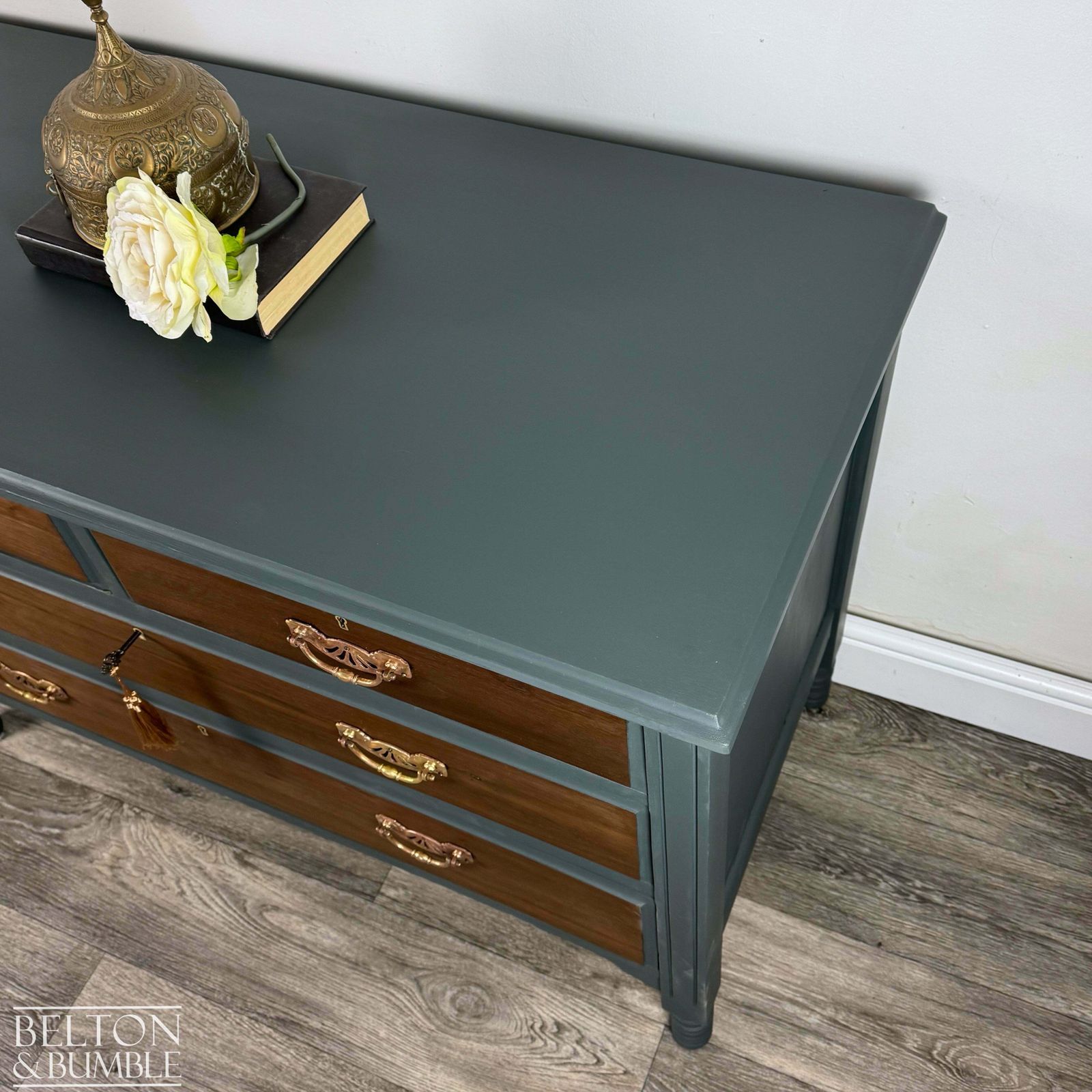 Four Drawer Mahogany & Walnut Chest Of Drawers In Green photo Furniture