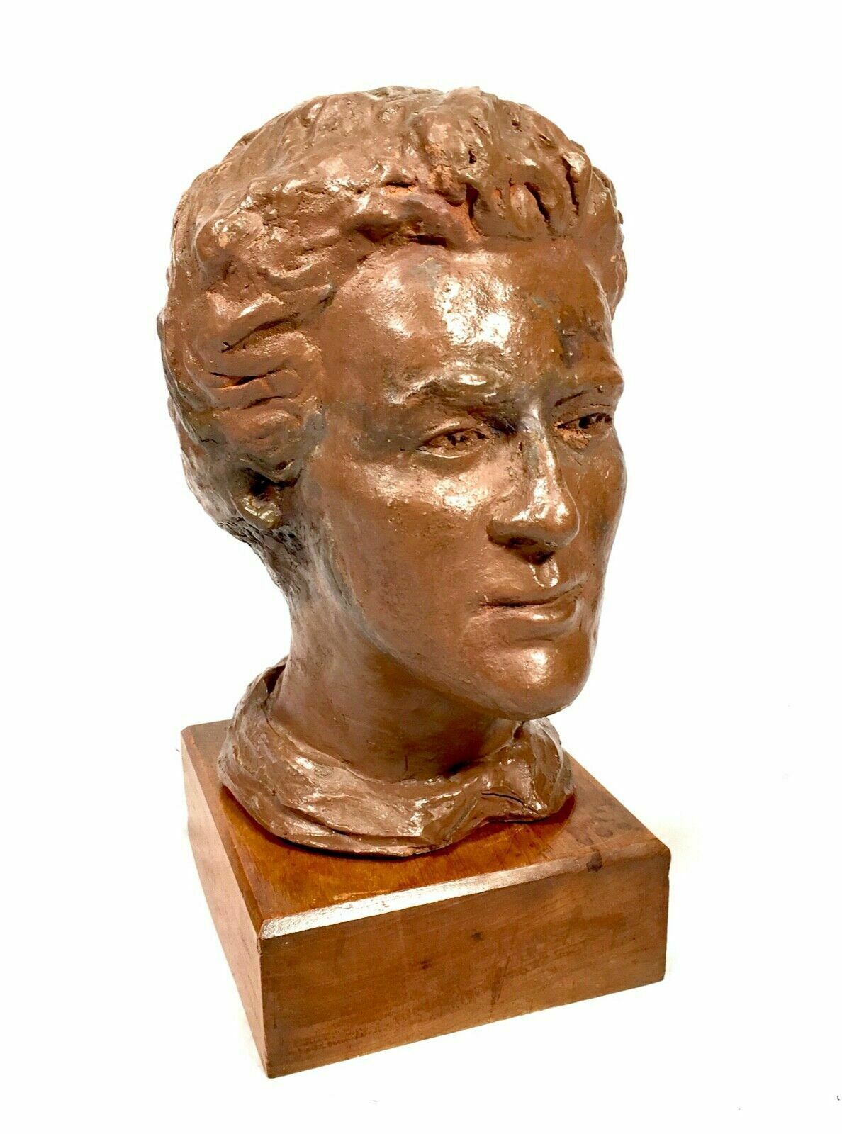 Antique Sculpture 1930s Artists Clay Head On Display Stand With Exhibition Label photo furniture