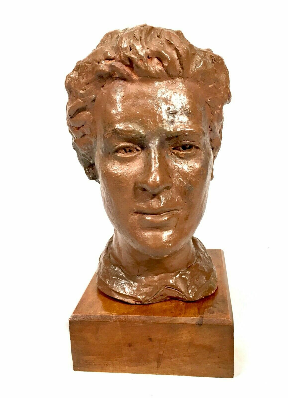Antique Sculpture 1930s Artists Clay Head On Display Stand With Exhibition Label photo for sale