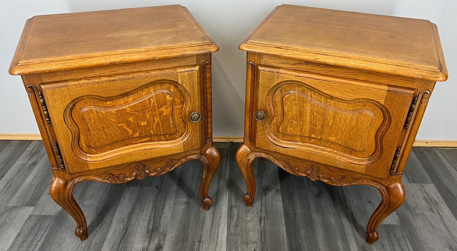 Bedside Tables Pair French Oak Louis XVI Vintage Nightstands Cabinets Lot 3469