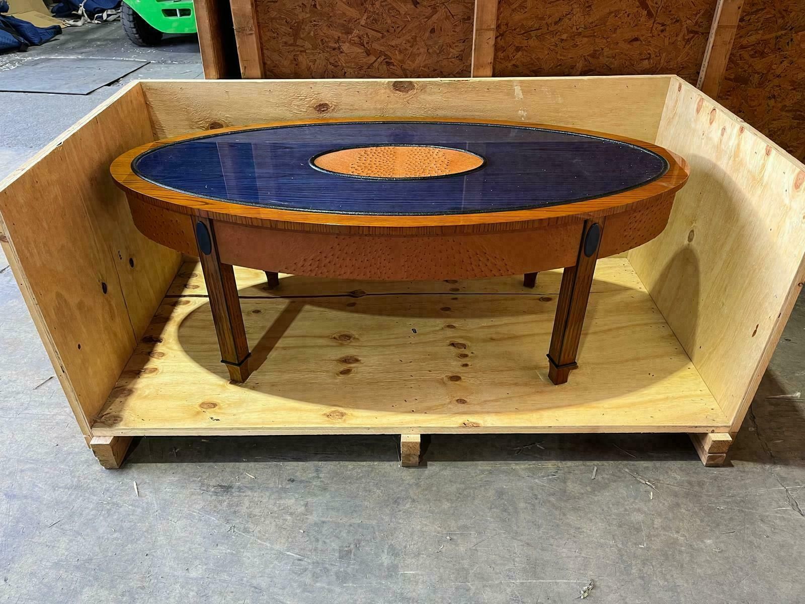 Oval Table With Dyed Blue Top And Oval Insert In Tan Coloured Ostrich Skin photo for sale