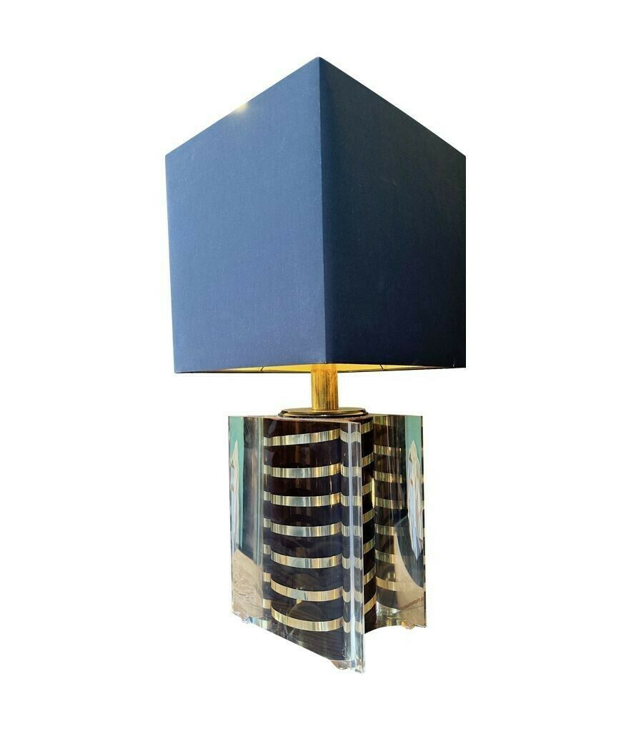 A Large Italian 1970s Romeo Rega Lucite And Brass Lamp With Chocolate And Chrome Stripes photo for sale
