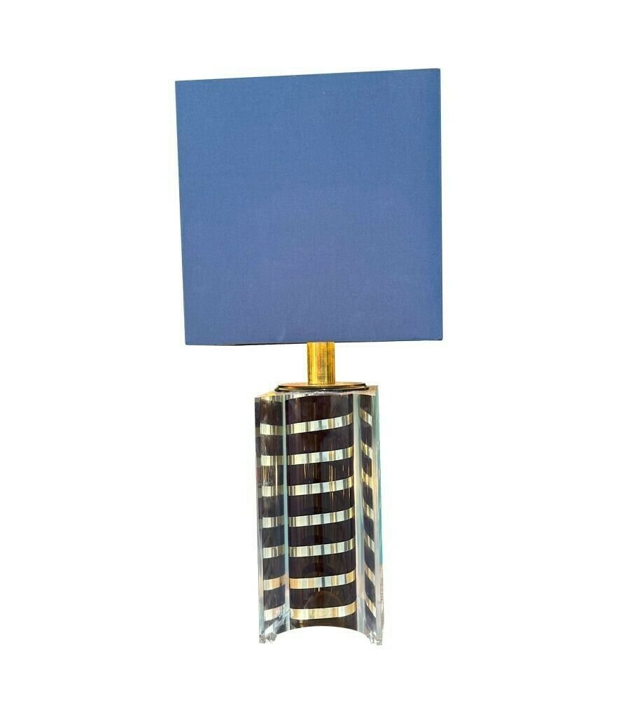 2250.0 A Large Italian 1970s Romeo Rega Lucite And Brass Lamp With Chocolate And Chrome Stripes photo