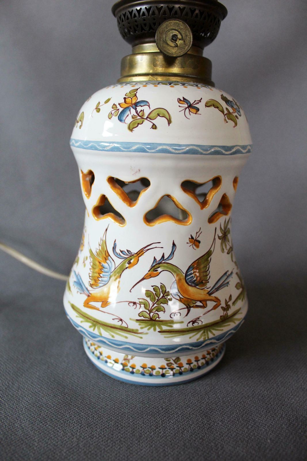 Vintage French Ceramic Converted Oil Lamp To Electric Lamp, Moustiers Vallauris, Handpainted, Desk Lamp, Glass Chimney Tube, Exotic Birds photo furniture