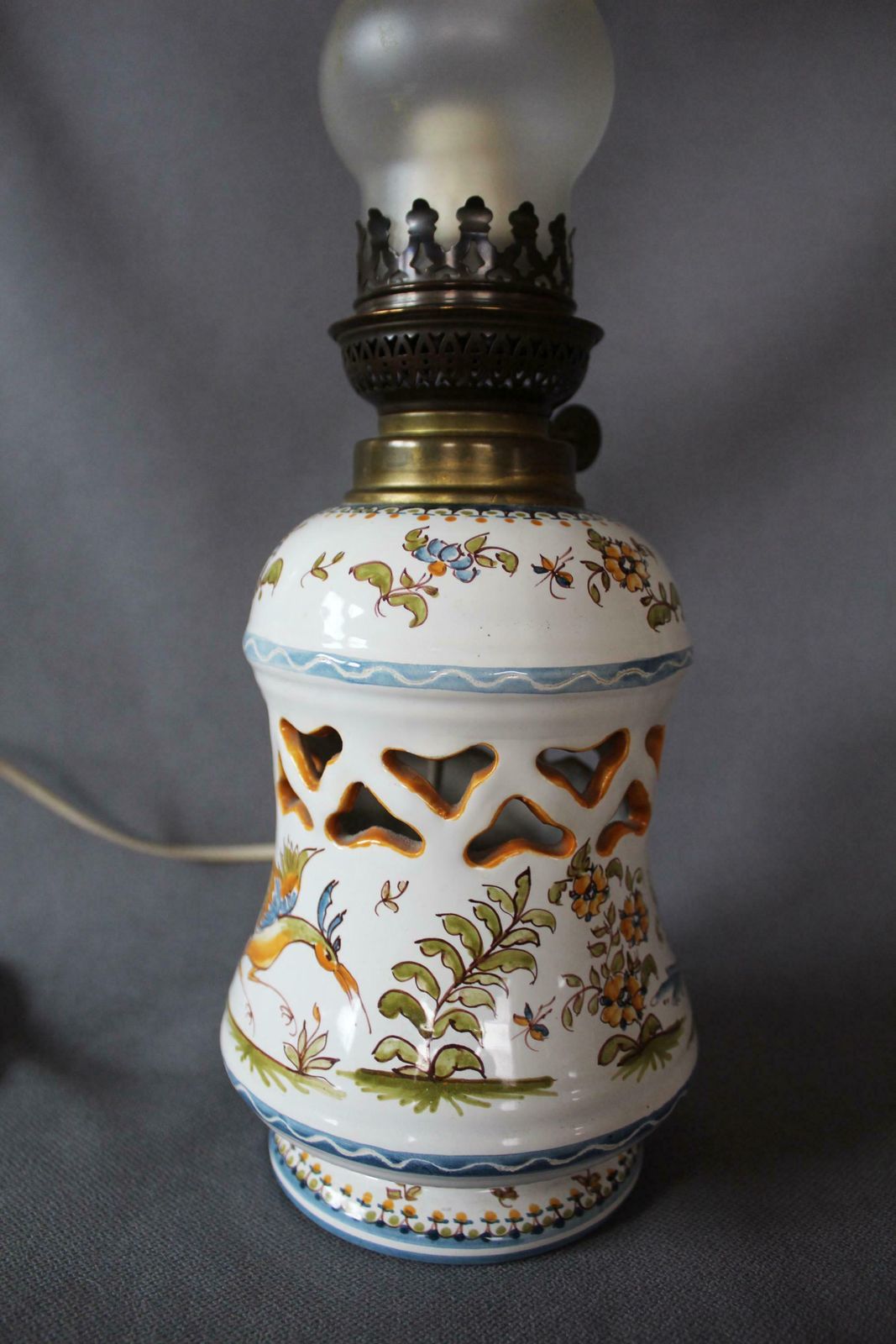 Vintage French Ceramic Converted Oil Lamp To Electric Lamp, Moustiers Vallauris, Handpainted, Desk Lamp, Glass Chimney Tube, Exotic Birds photo Lighting