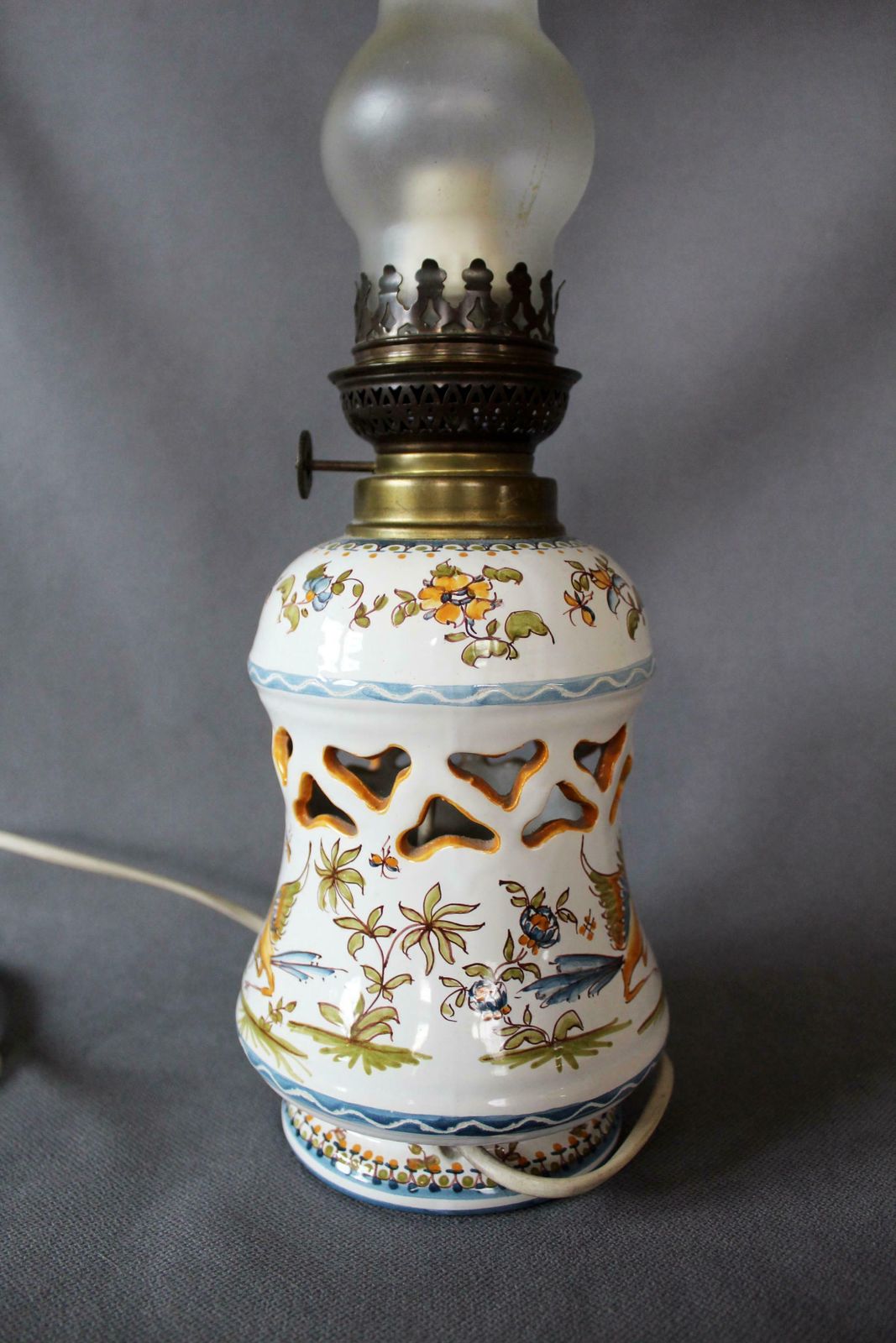 Vintage French Ceramic Converted Oil Lamp To Electric Lamp, Moustiers Vallauris, Handpainted, Desk Lamp, Glass Chimney Tube, Exotic Birds photo vintage