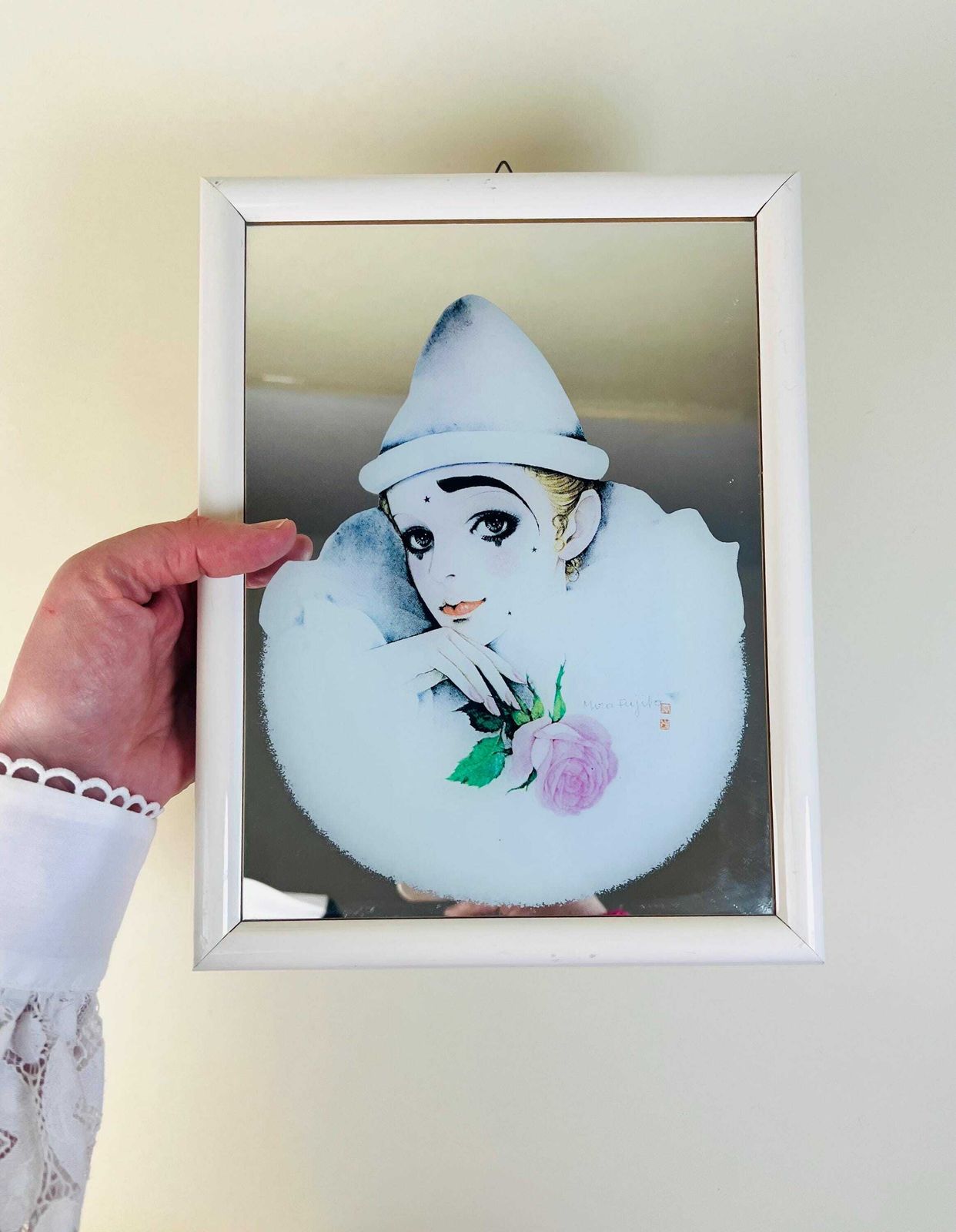 Pierrot Mirror Love Print By Mira Fujita   Pierrot With A Rose   1980s  Rare
